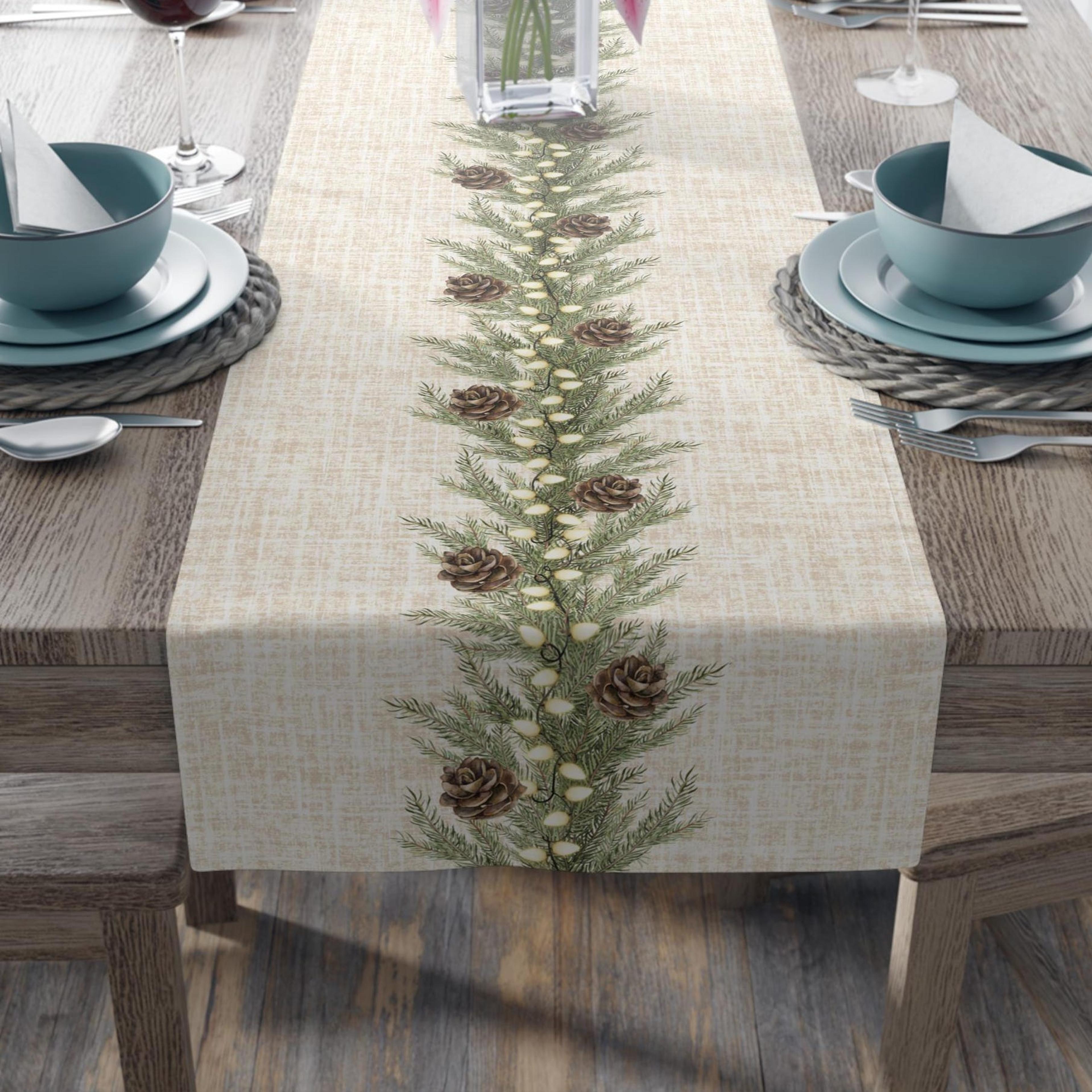 rustic farmhouse holiday table runner with pine garland design