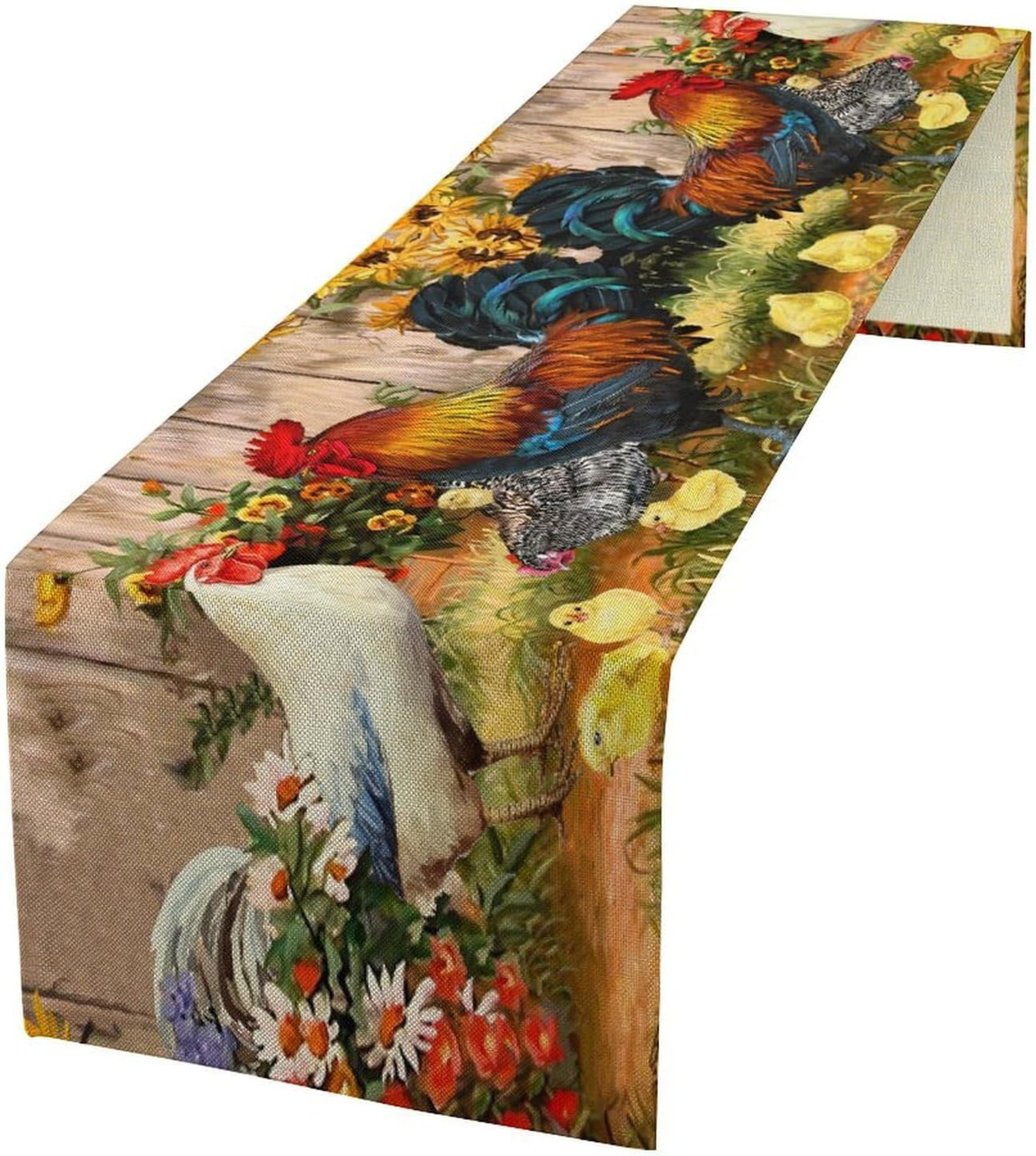 farm rooster linen table runner with sunflower & chicken print holiday kitchen decor