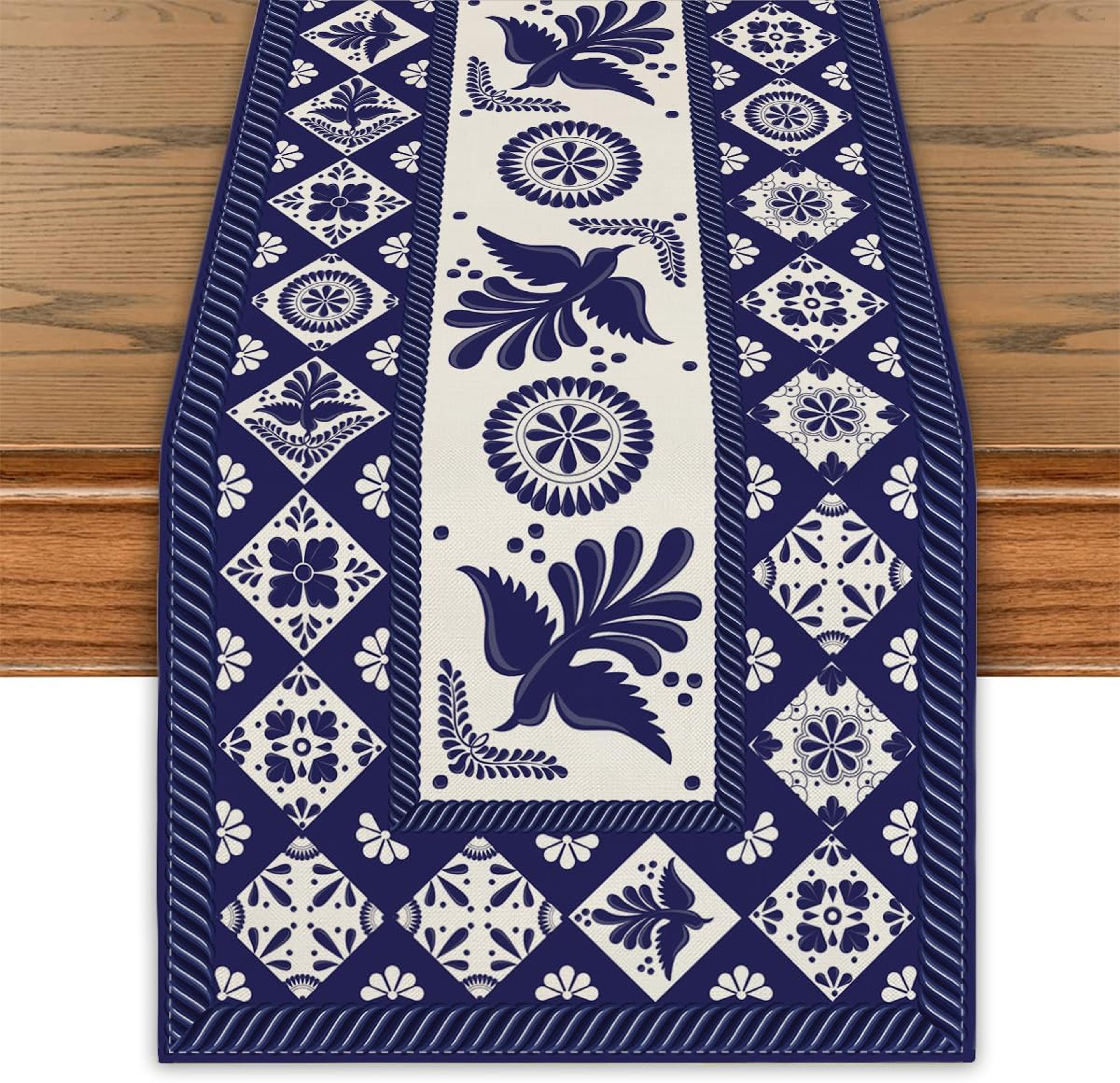 talavera floral bird linen table runner mexican fiesta decor