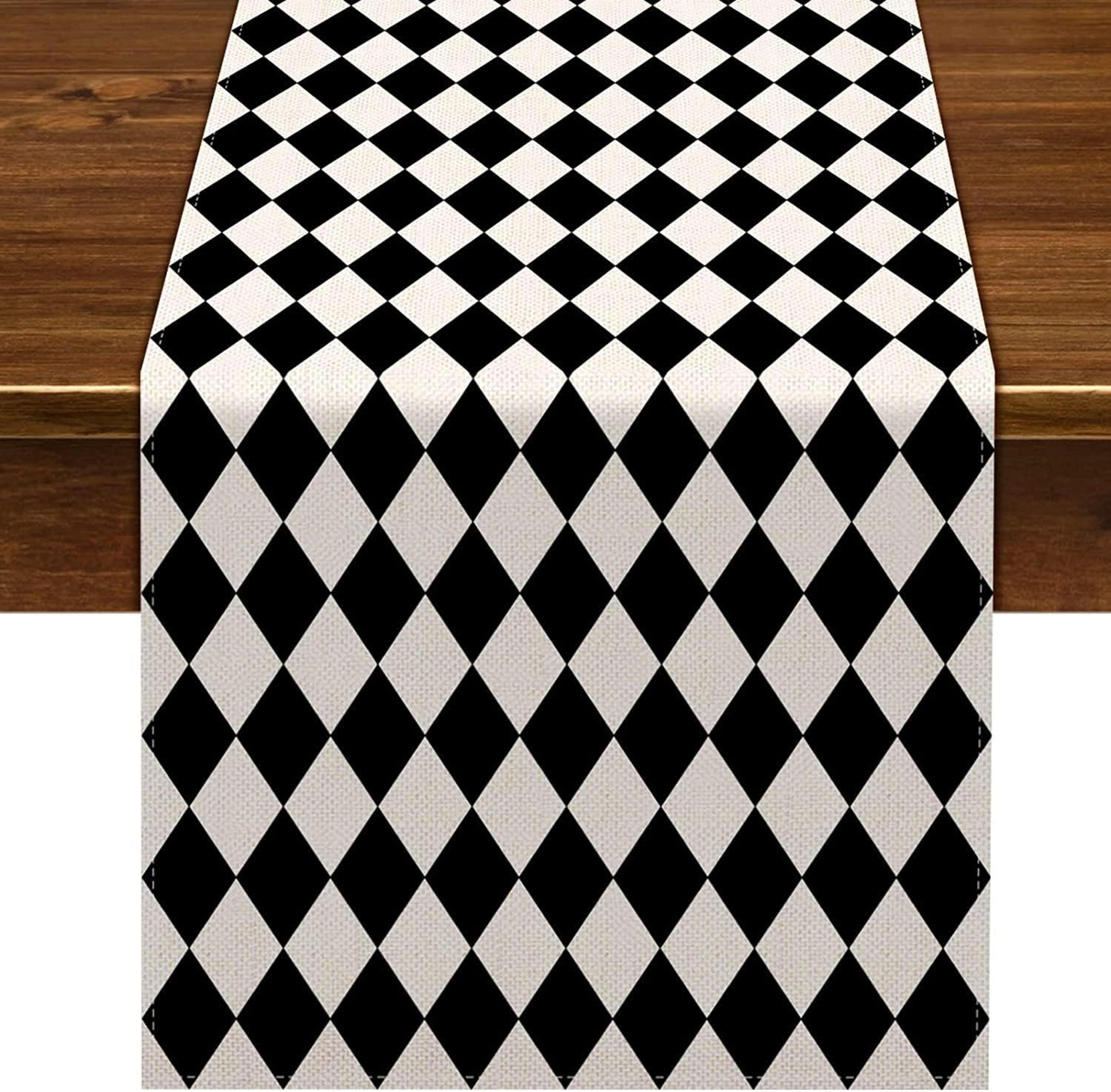 elegant black & white diamond linen table runner reusable kitchen & party decor