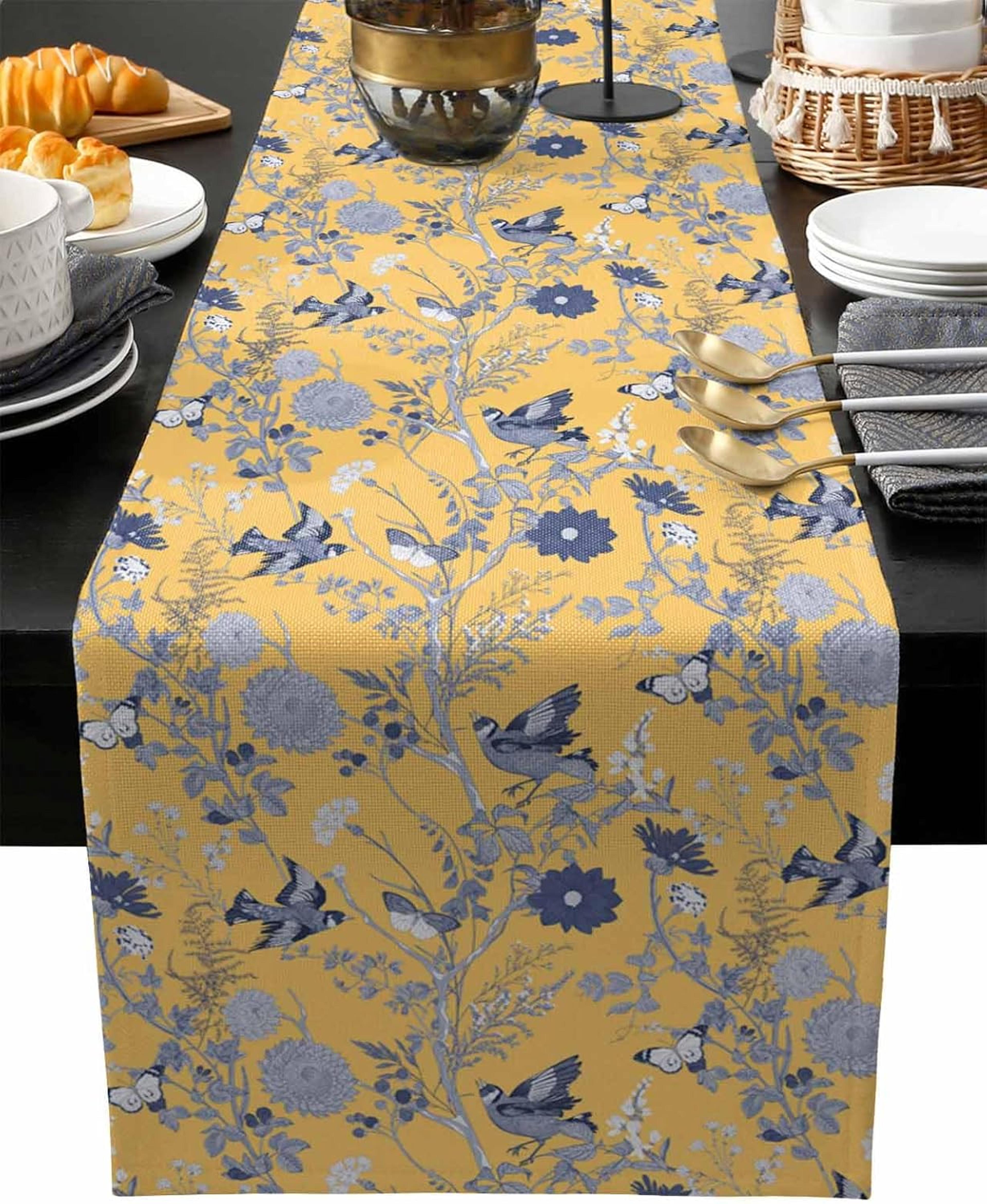 vintage linen table runner with birds, butterflies & herbs farmhouse dining decor