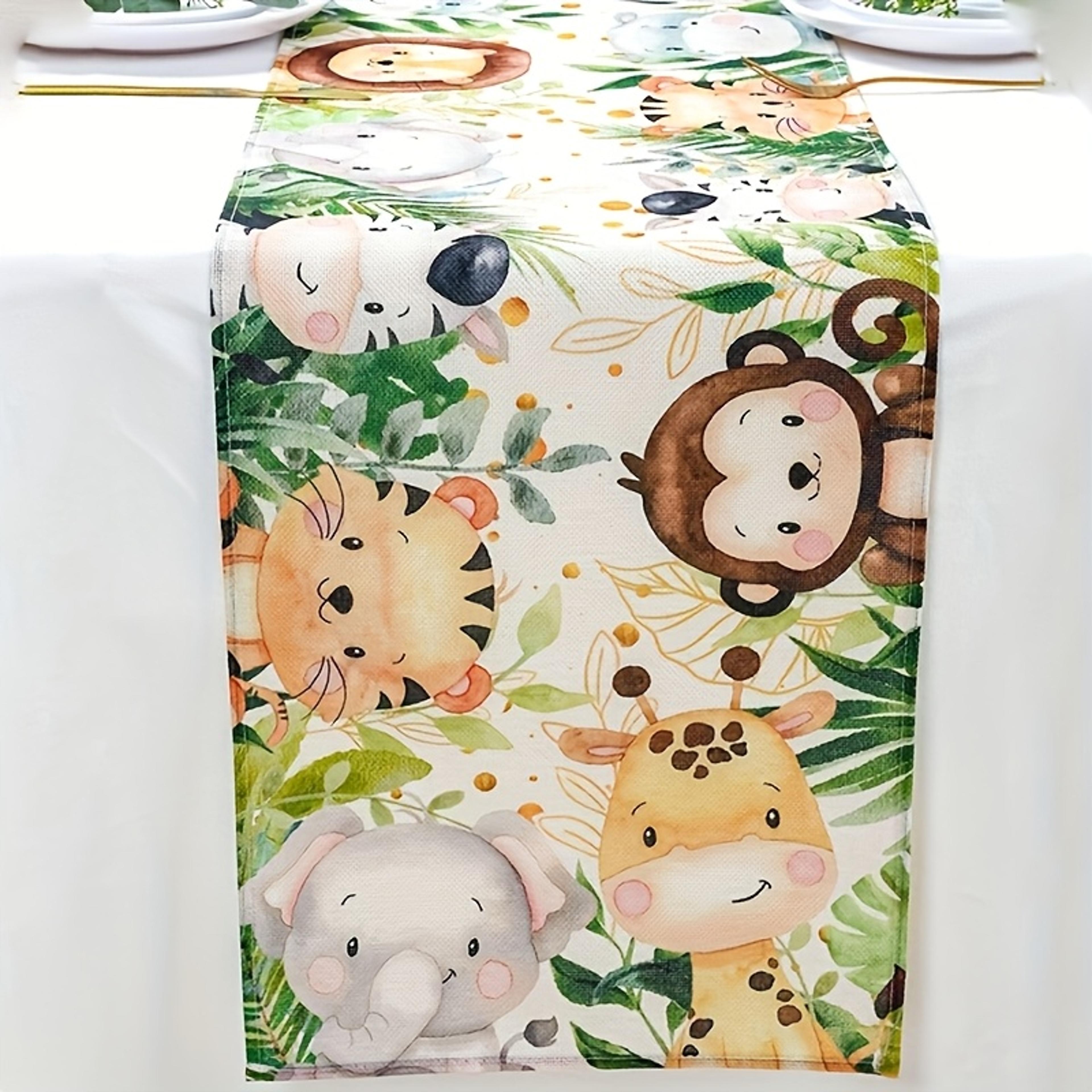 cartoon jungle animal table runner cute watercolor elephants & giraffes for kids parties