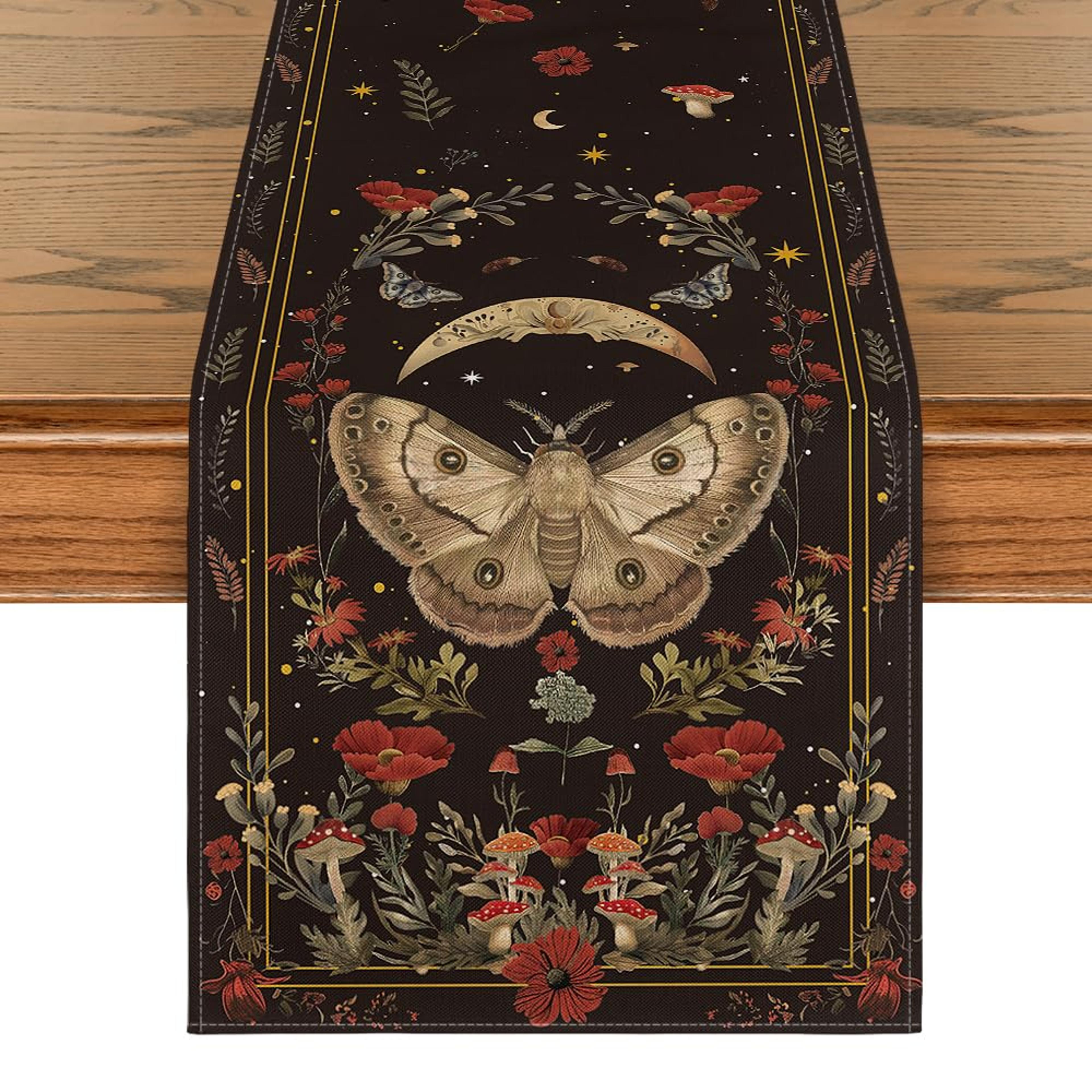 autumn magic table runner seasonal fall kitchen decor with mushrooms & moon