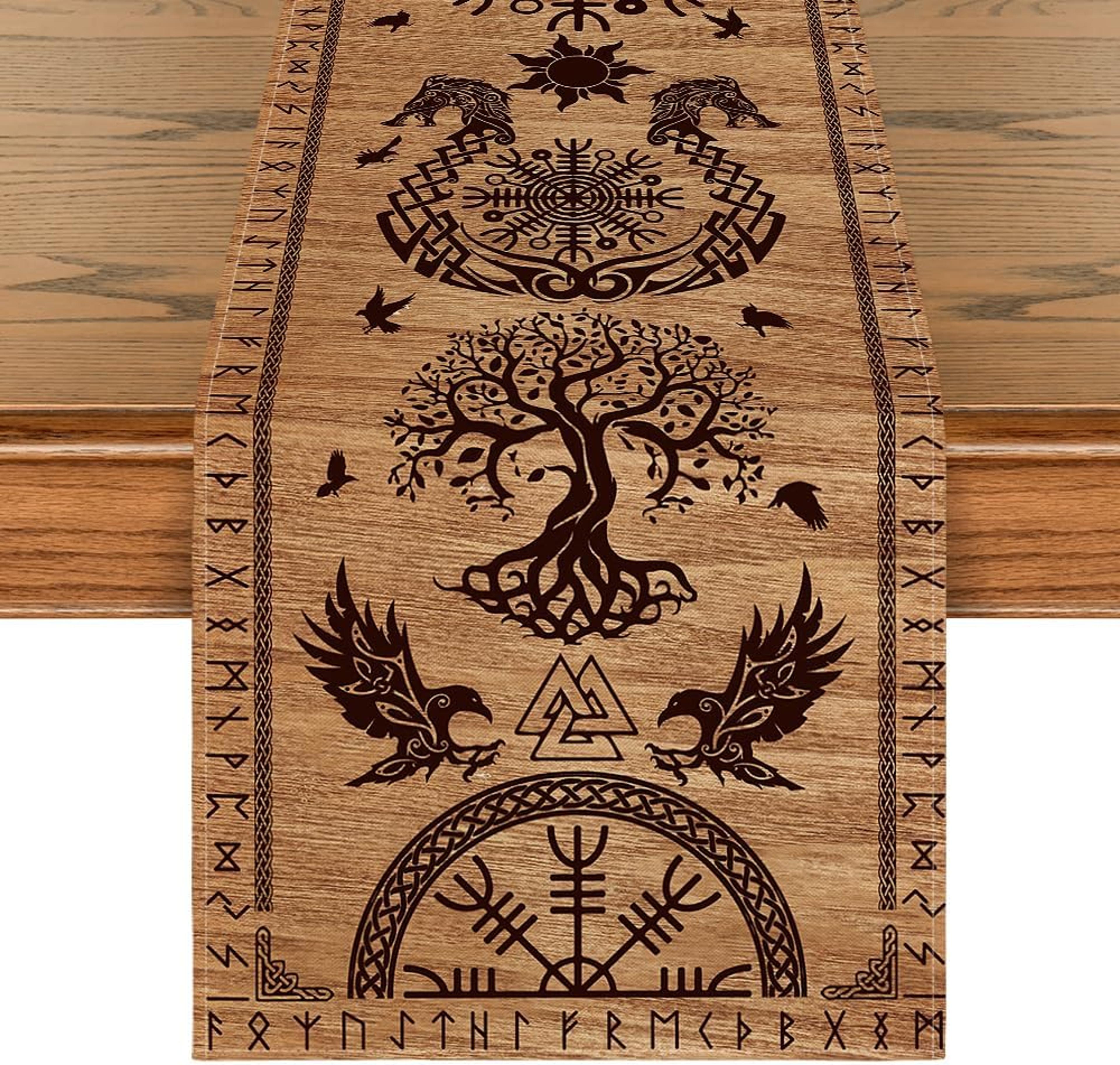 vintage viking raven linen table runner nordic kitchen decor