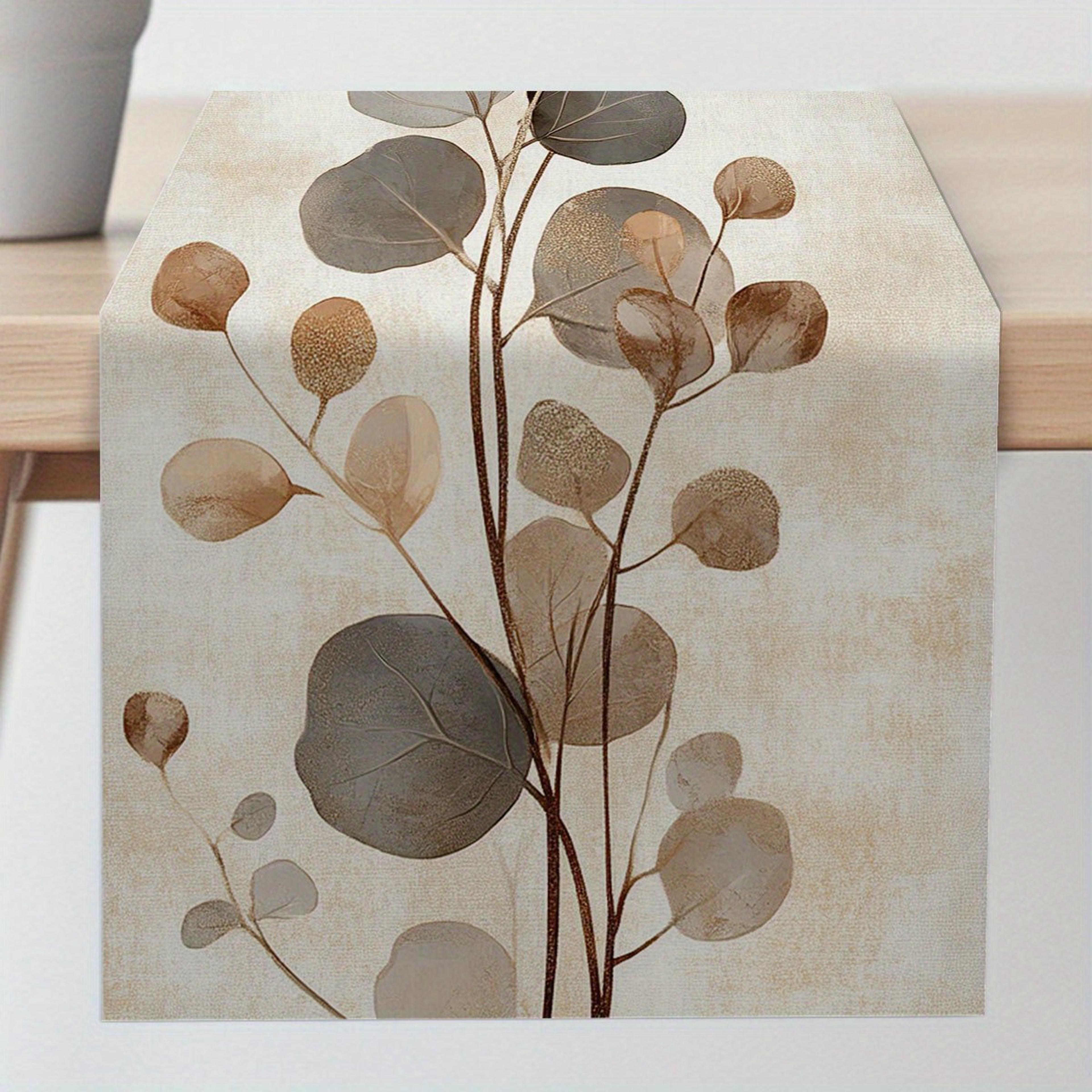 bohemian eucalyptus leaf linen table runner for dining & kitchen decor