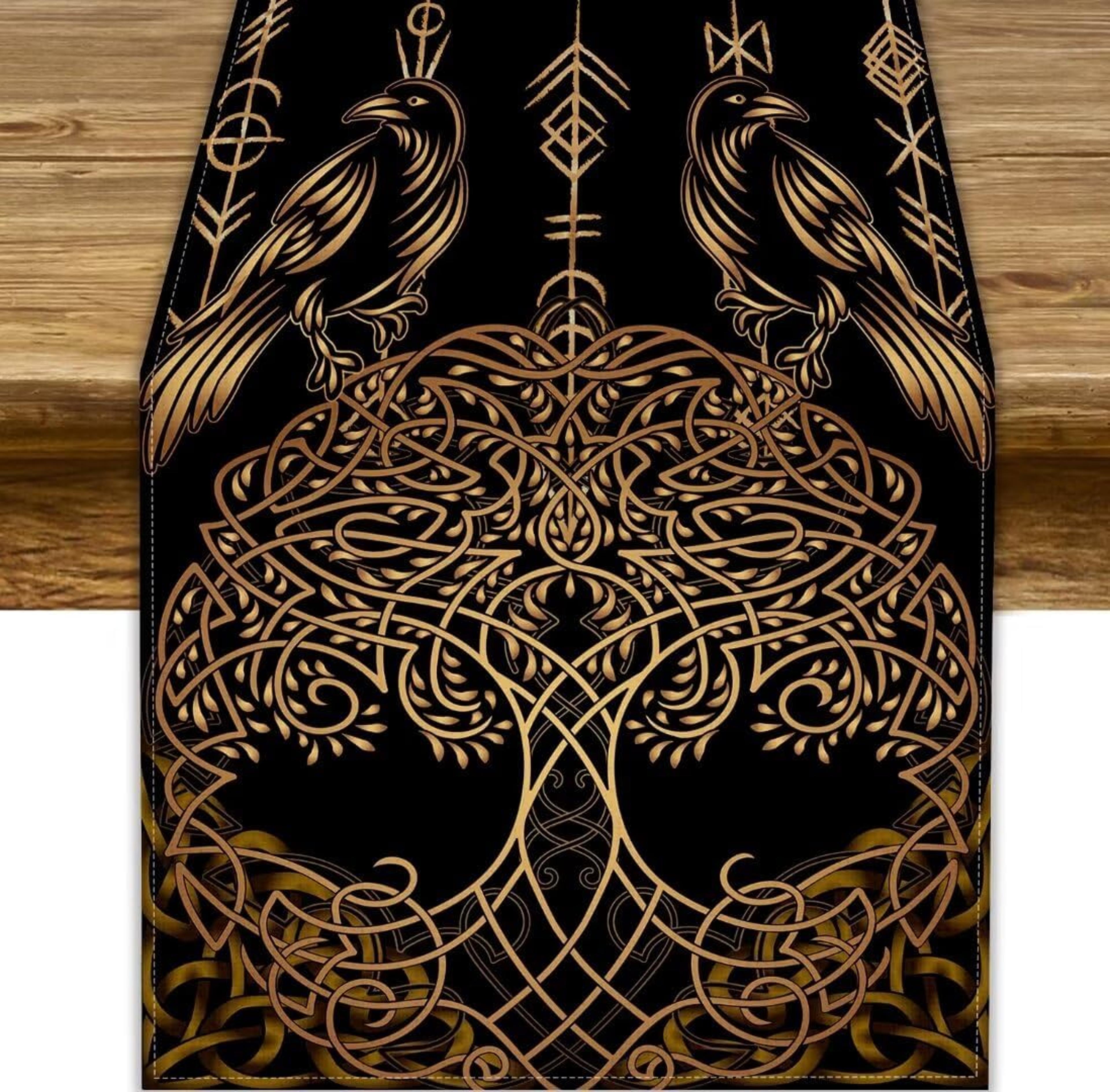 golden viking linen table runner with raven tree print for holiday decor