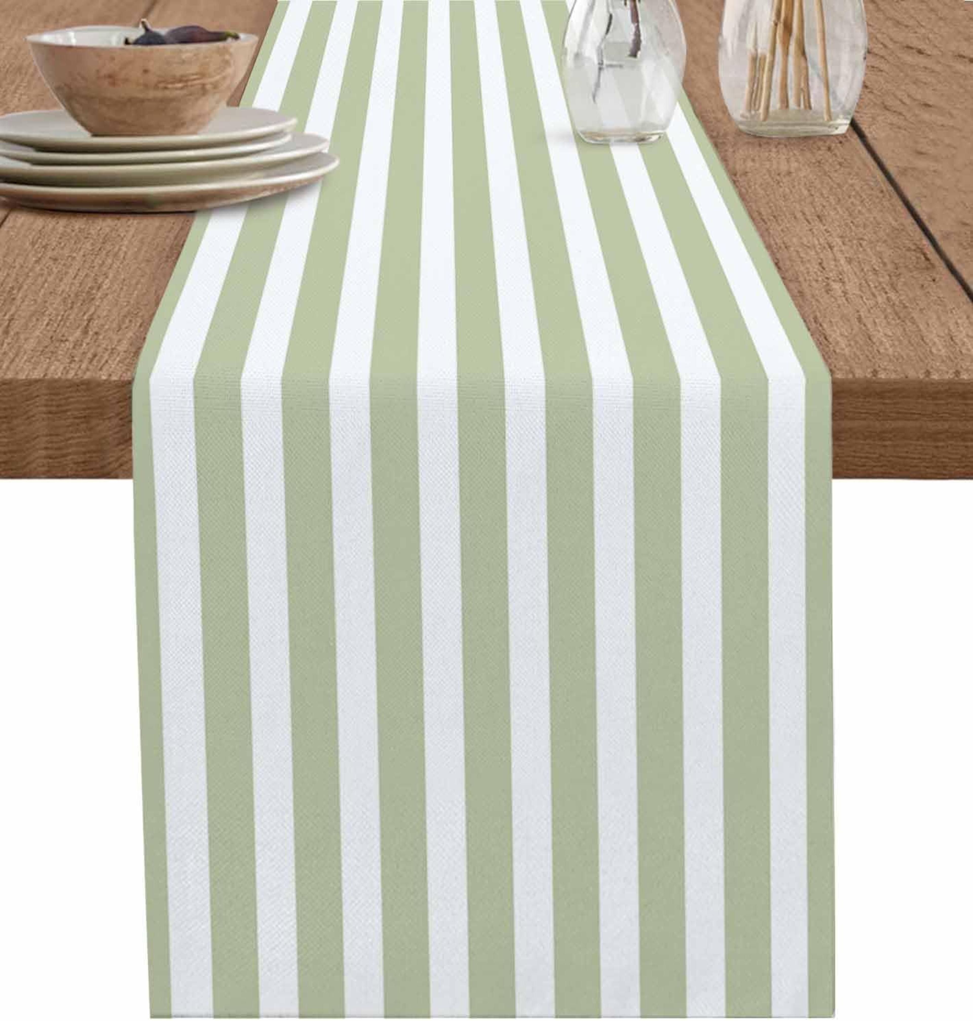 sage green stripe linen table runner reusable farmhouse table decor
