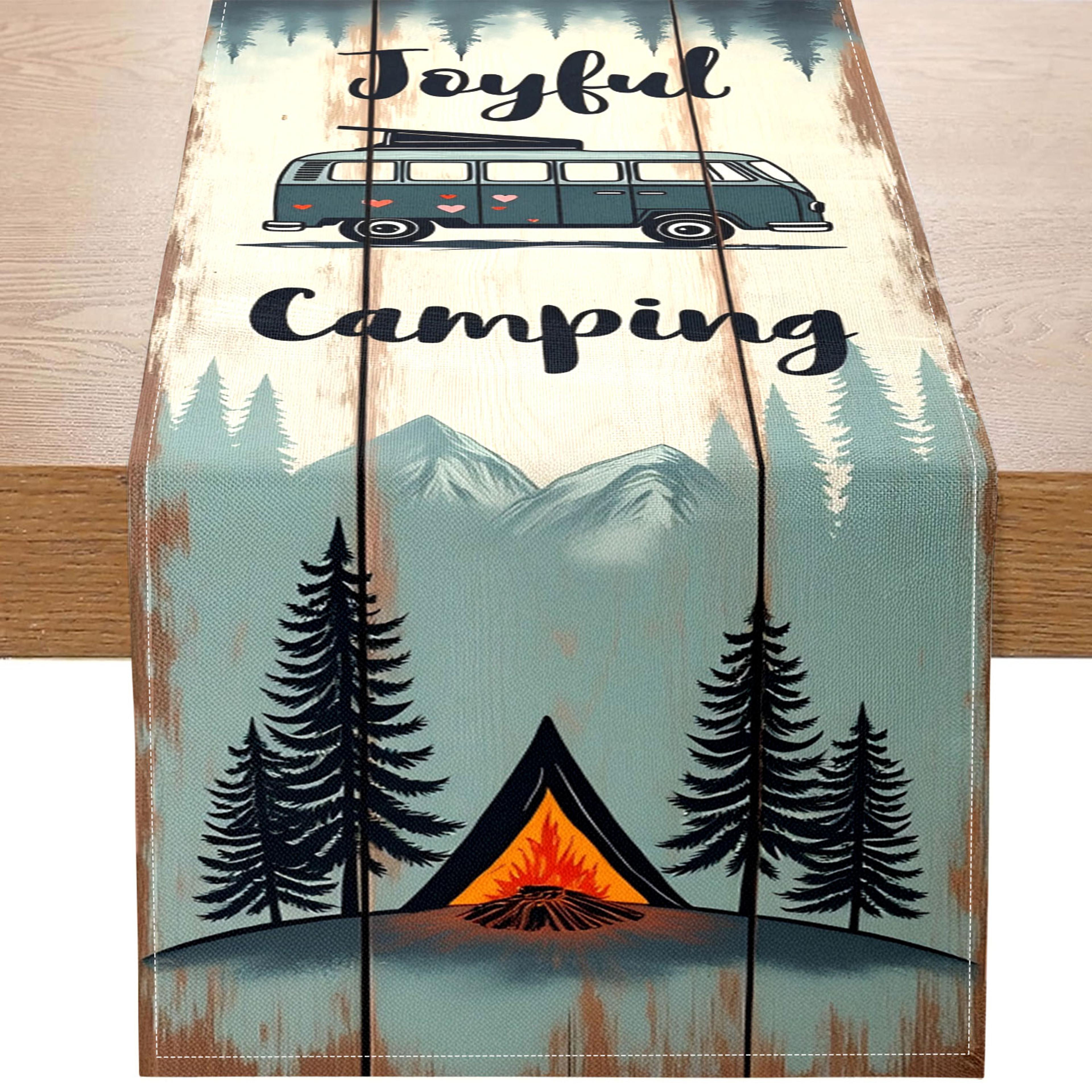 camping table runner with rv, mountain & campfire pattern outdoor decor