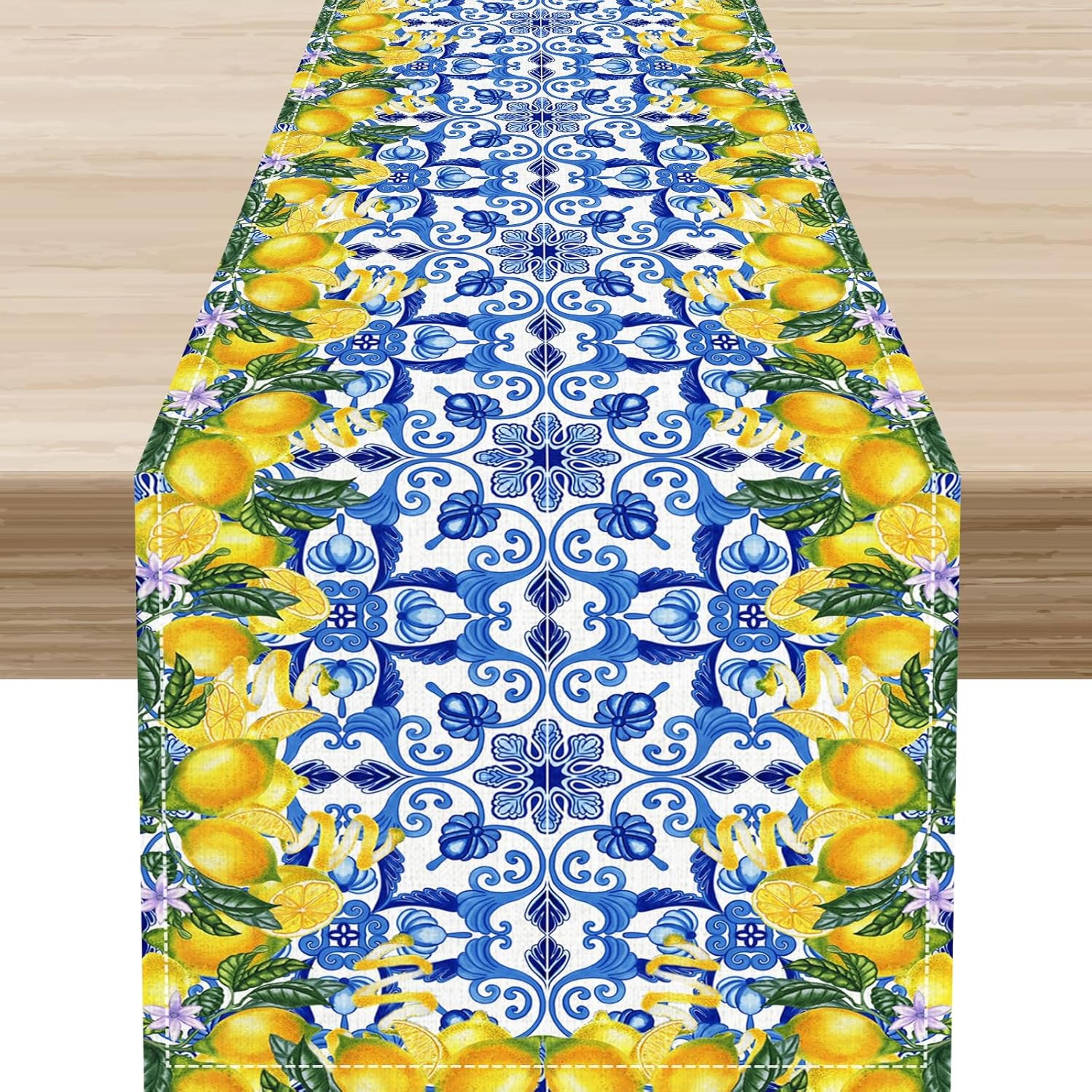 blue lemon tiles linen table runner summer fruit & floral dining decor