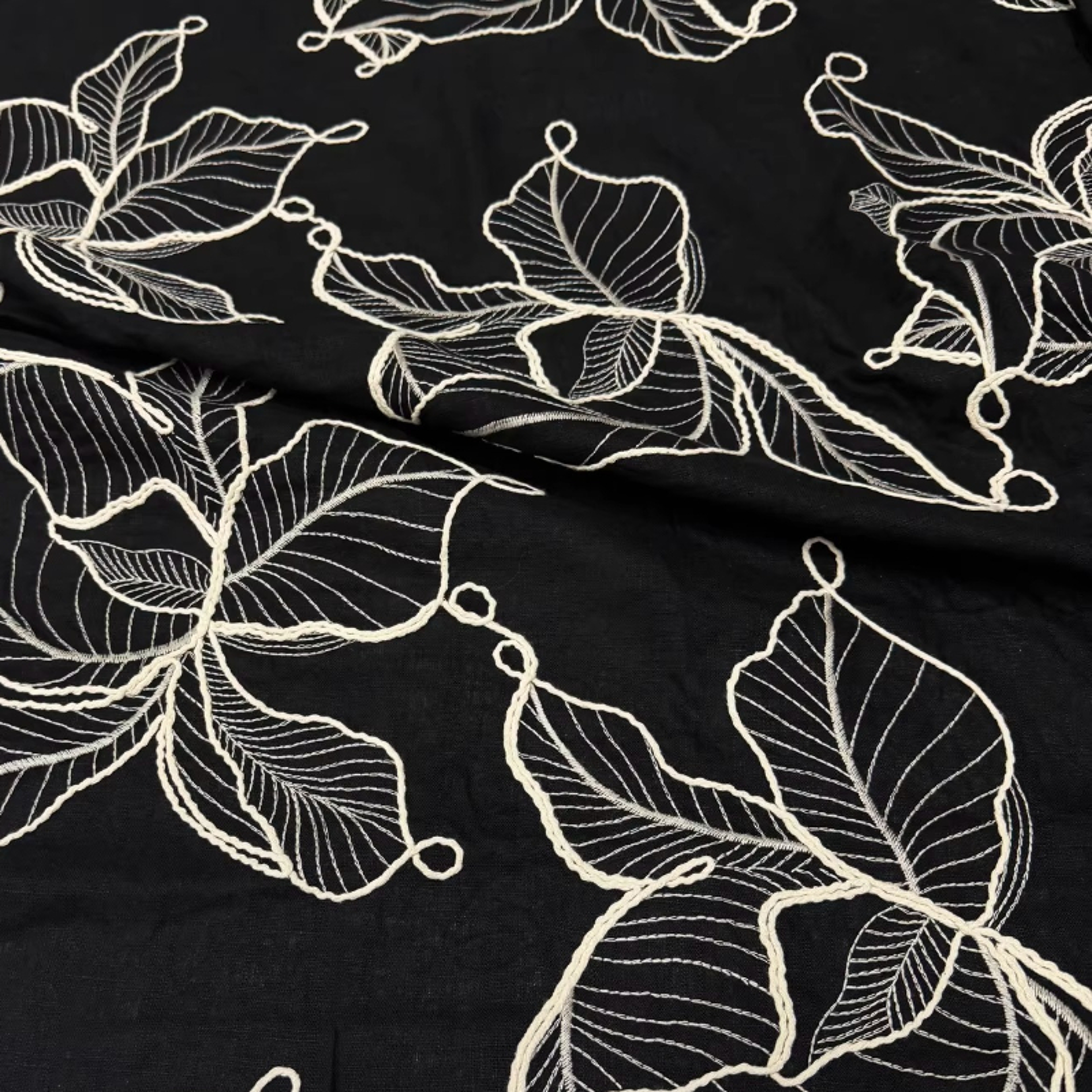 premium black leaf embroidered linen fabric for diy home & fashion crafts