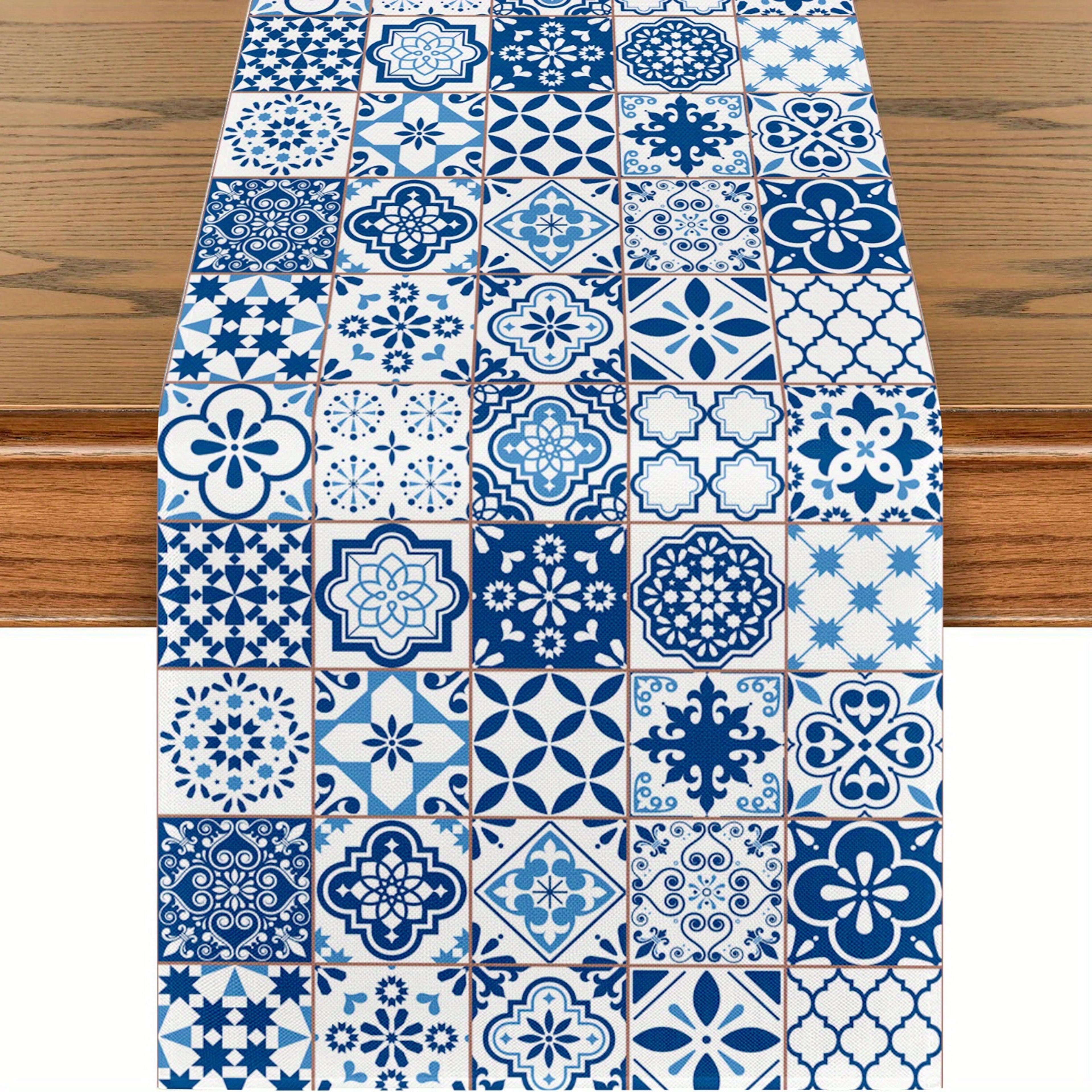 bohemian blue & white linen table runner for dining & home decor