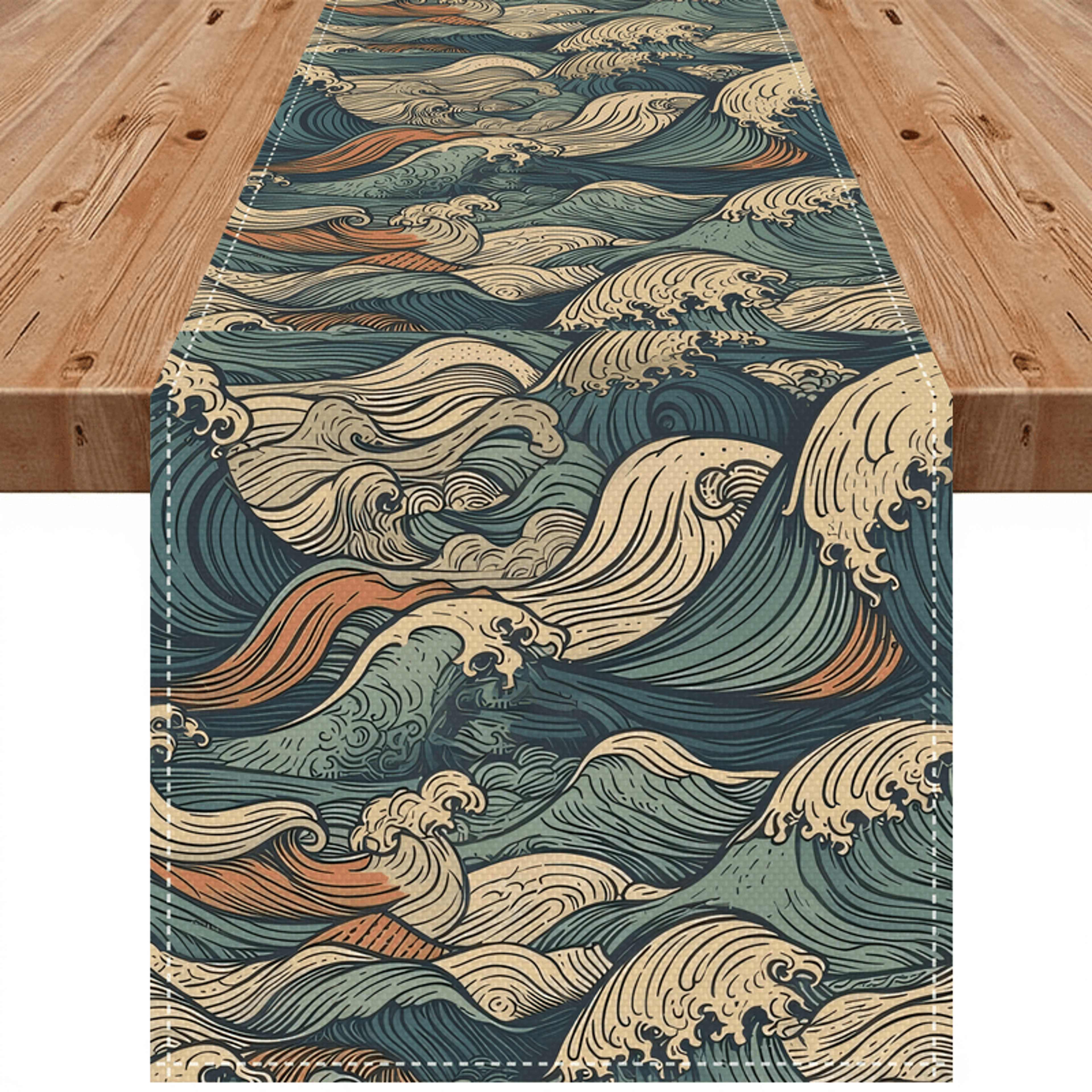 hokusai wave table runner for dining nautical table decor, easy clean holiday linen