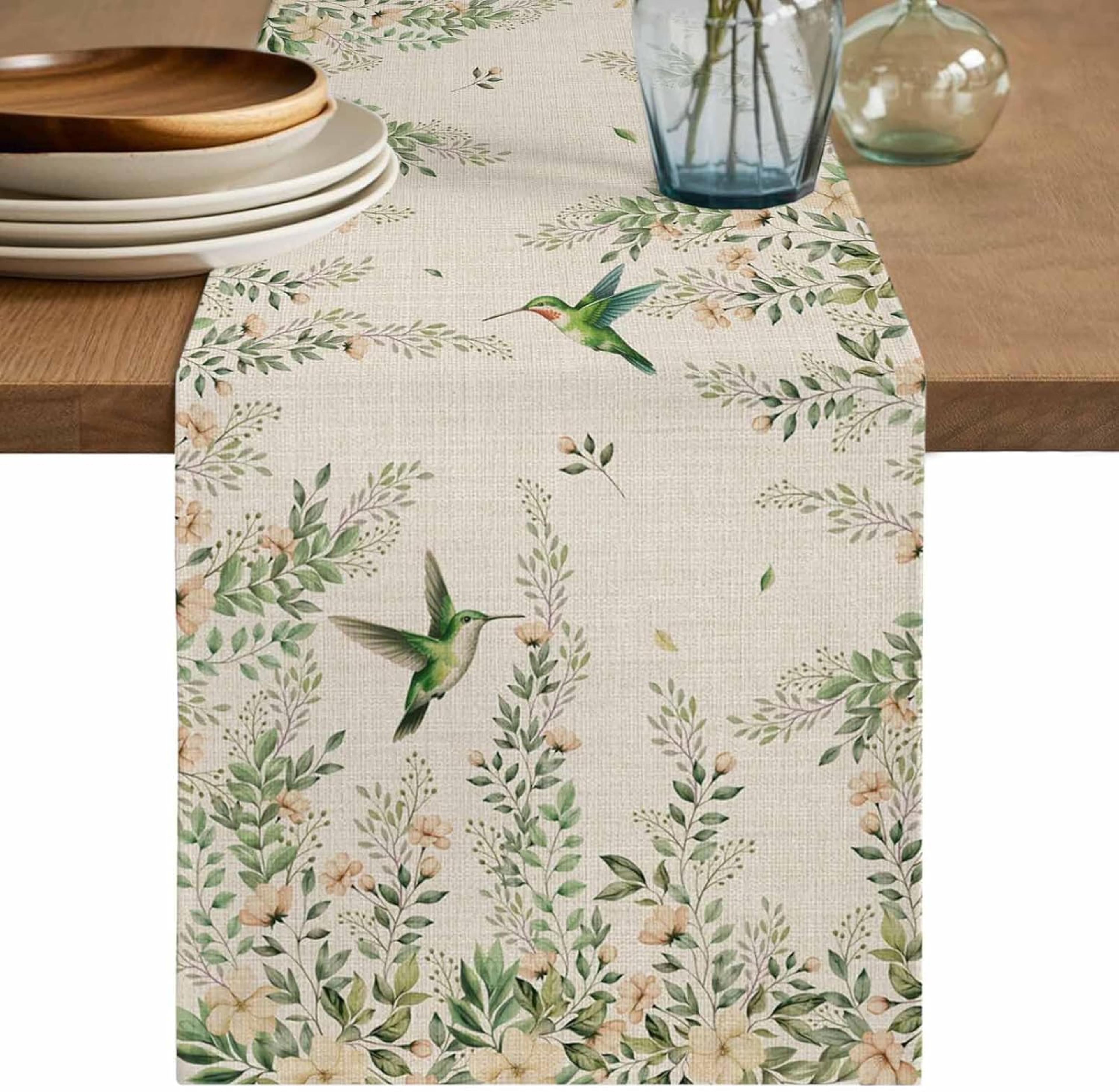 elegant floral hummingbird table runner linen table runner for dining & wedding decor