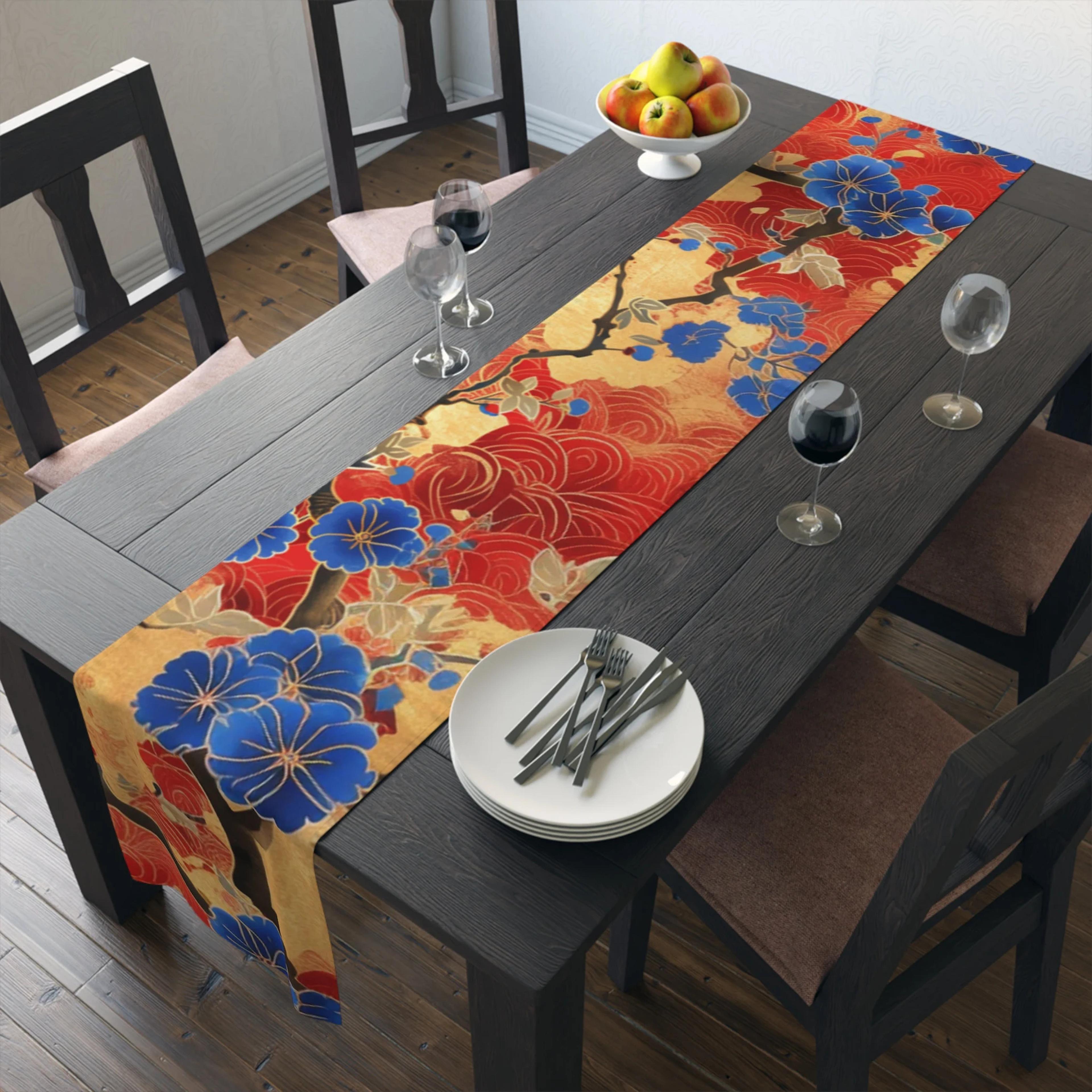 elegant linen table runner with cherry blossom art red & gold decorative dining table runner