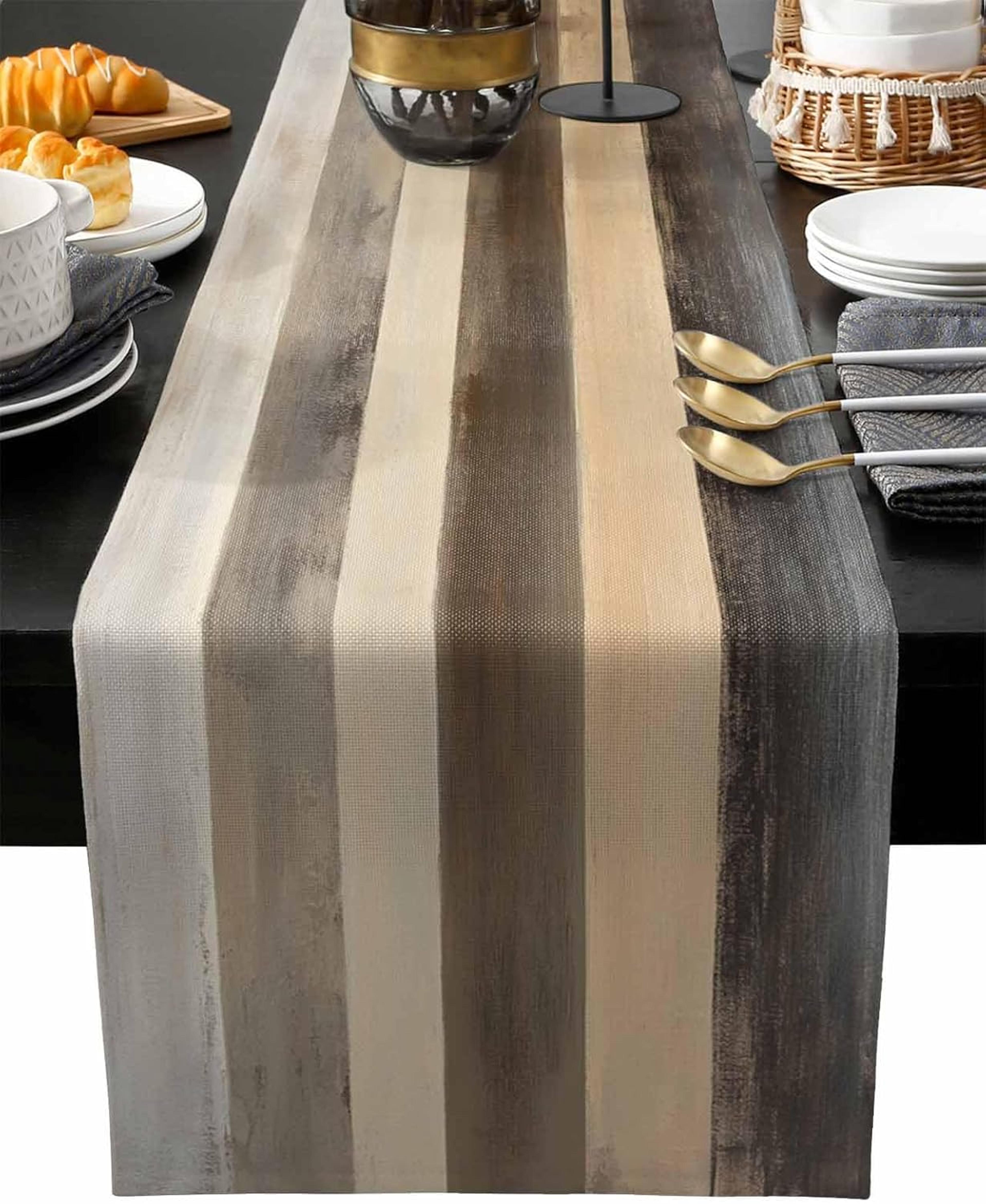 premium brown stripe linen wood grain table runner for dining & holiday decor