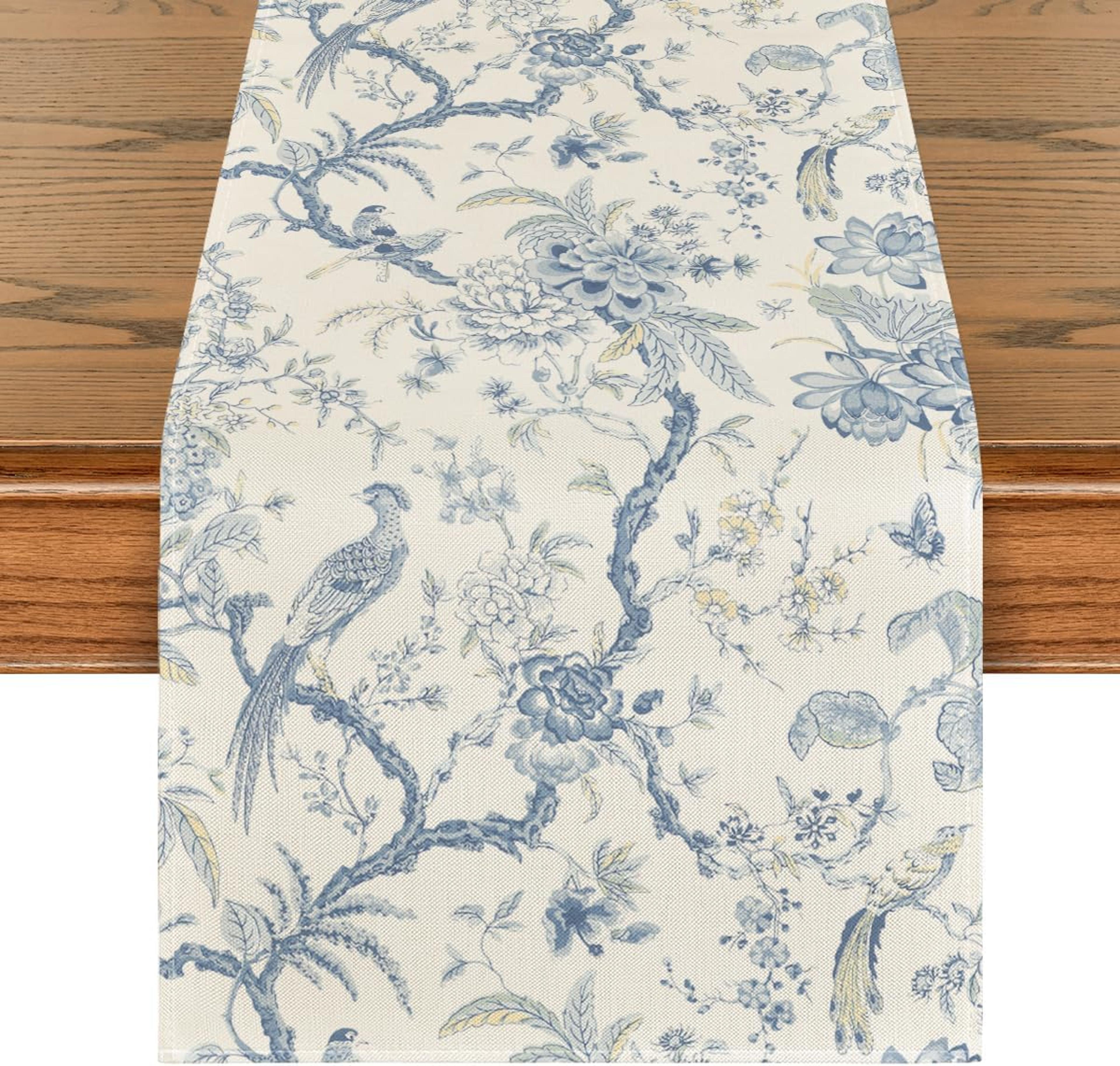 elegant chinoiserie peacock linen table runner premium dining & holiday decor