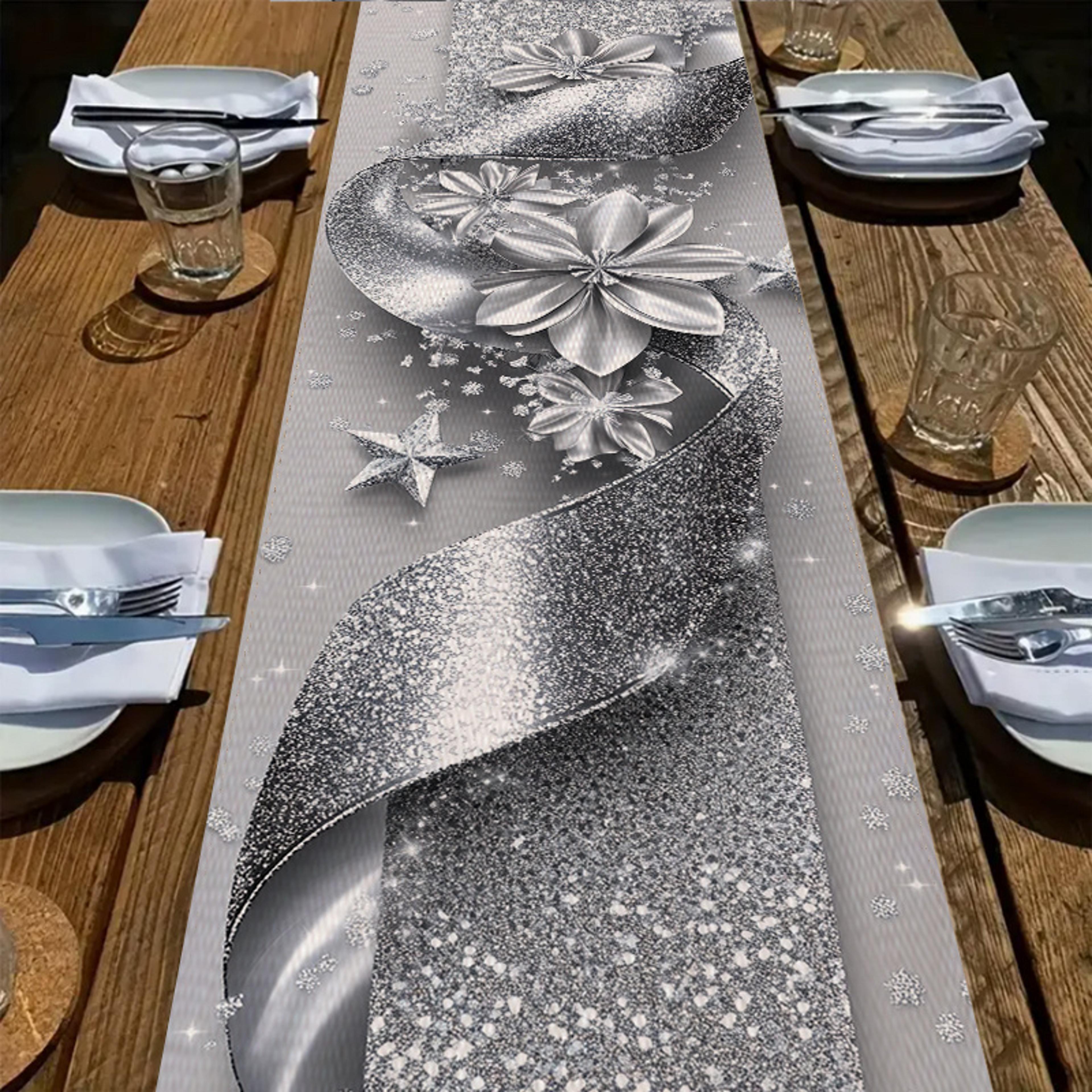 shining silver christmas table runner with flower and star holiday design