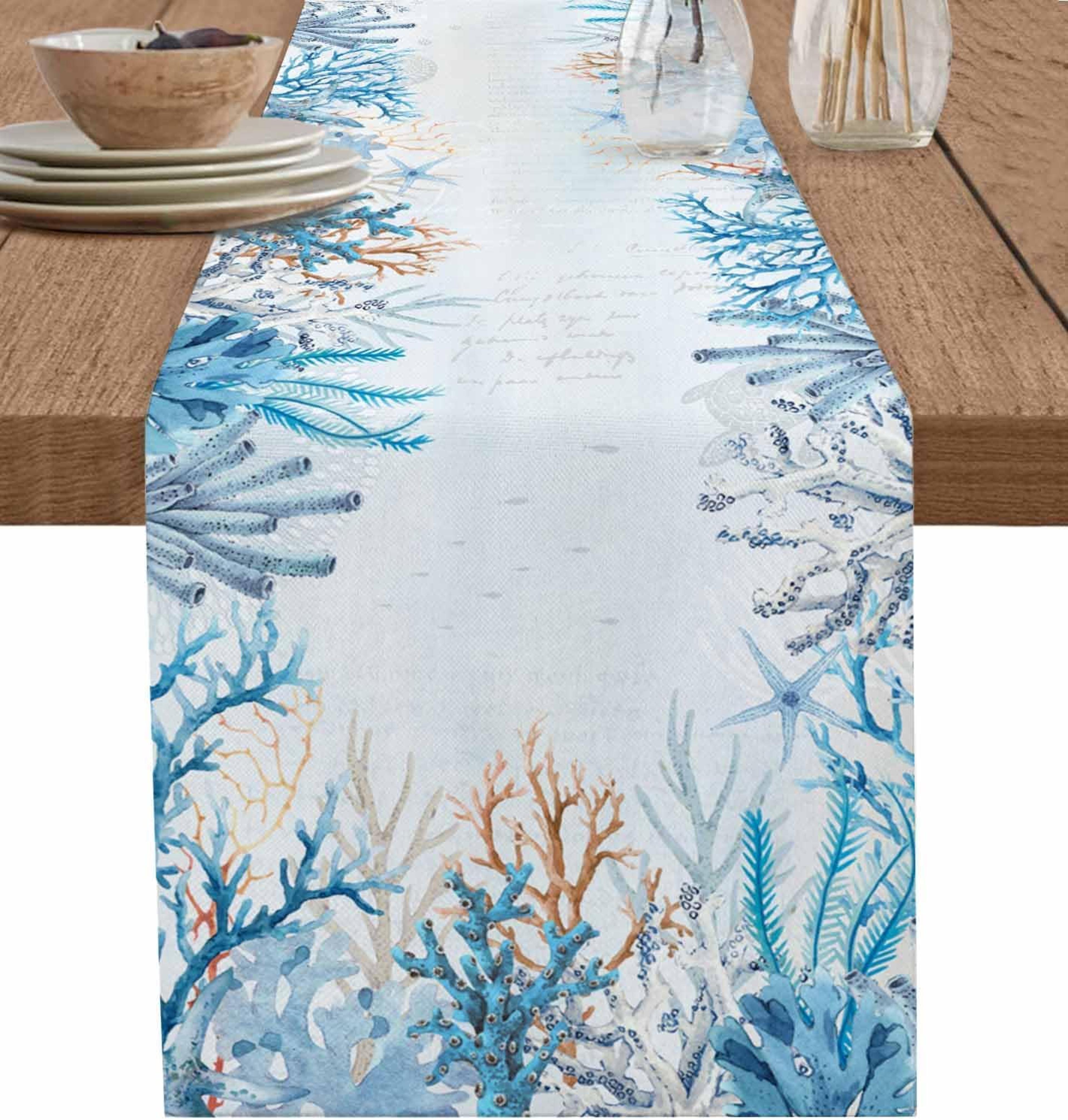 coastal blue octopus linen style table runner for nautical dining decor