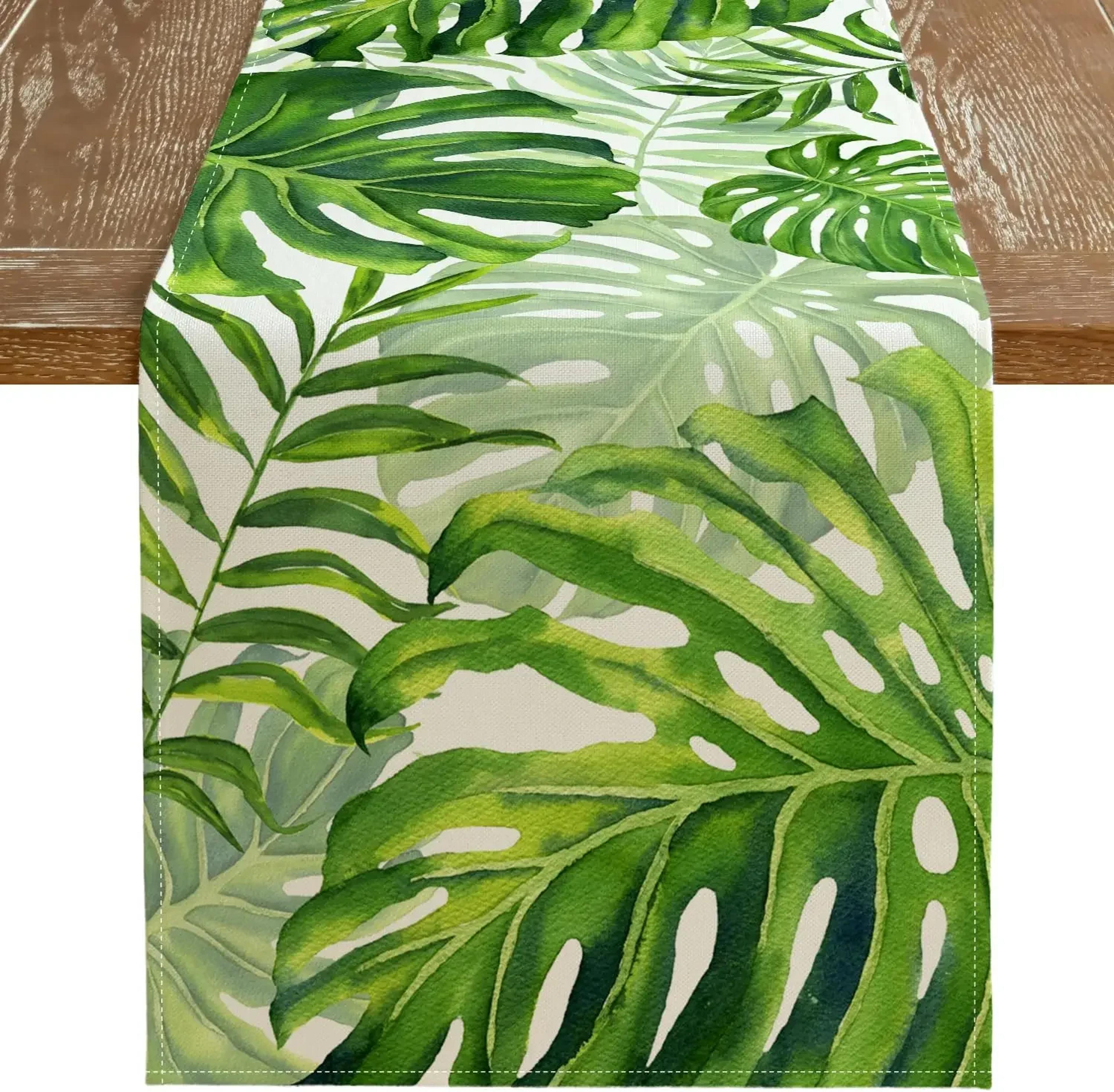 palm leaf linen table runner for tropical summer dining and party decor