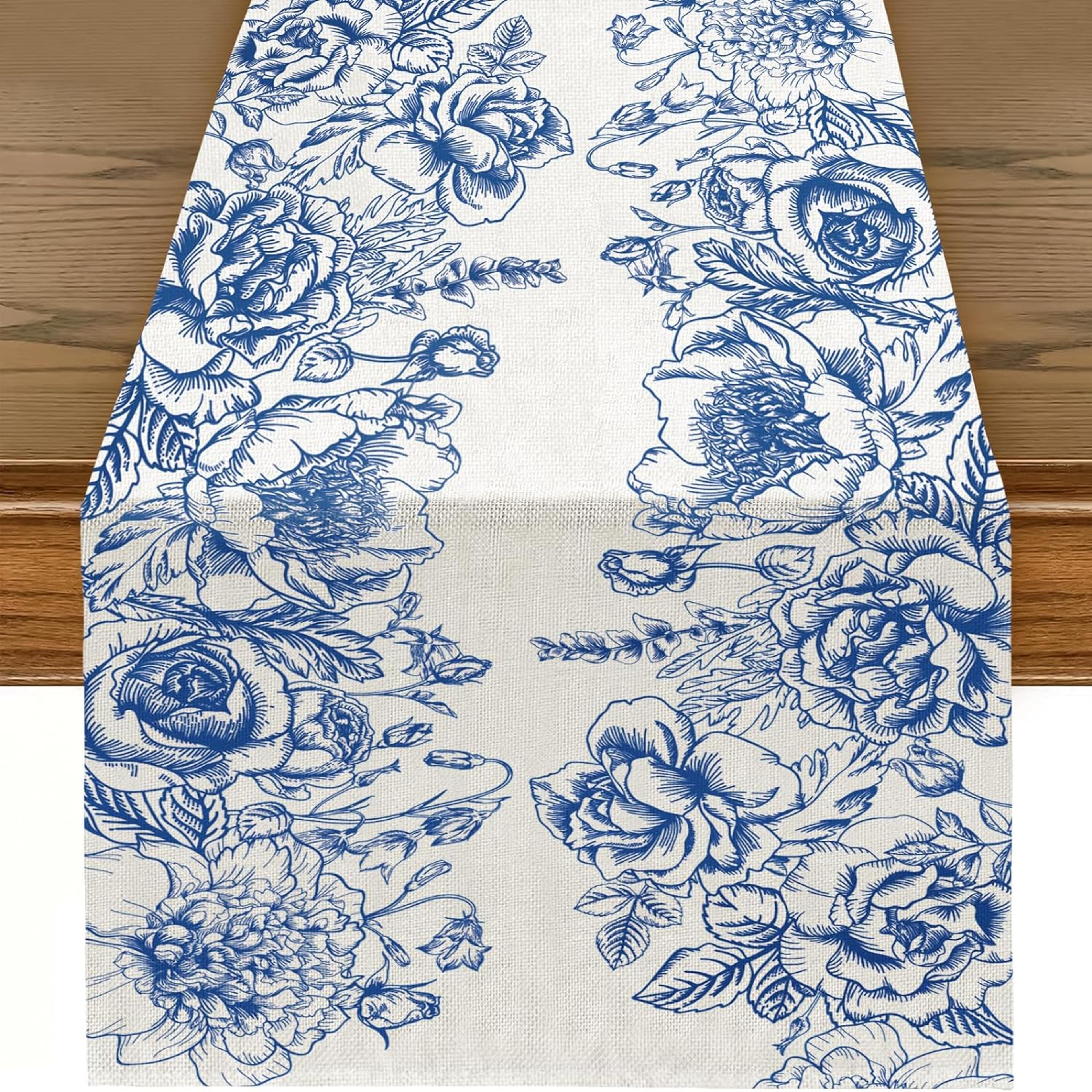 blue and white porcelain linen table runner for dining table decor