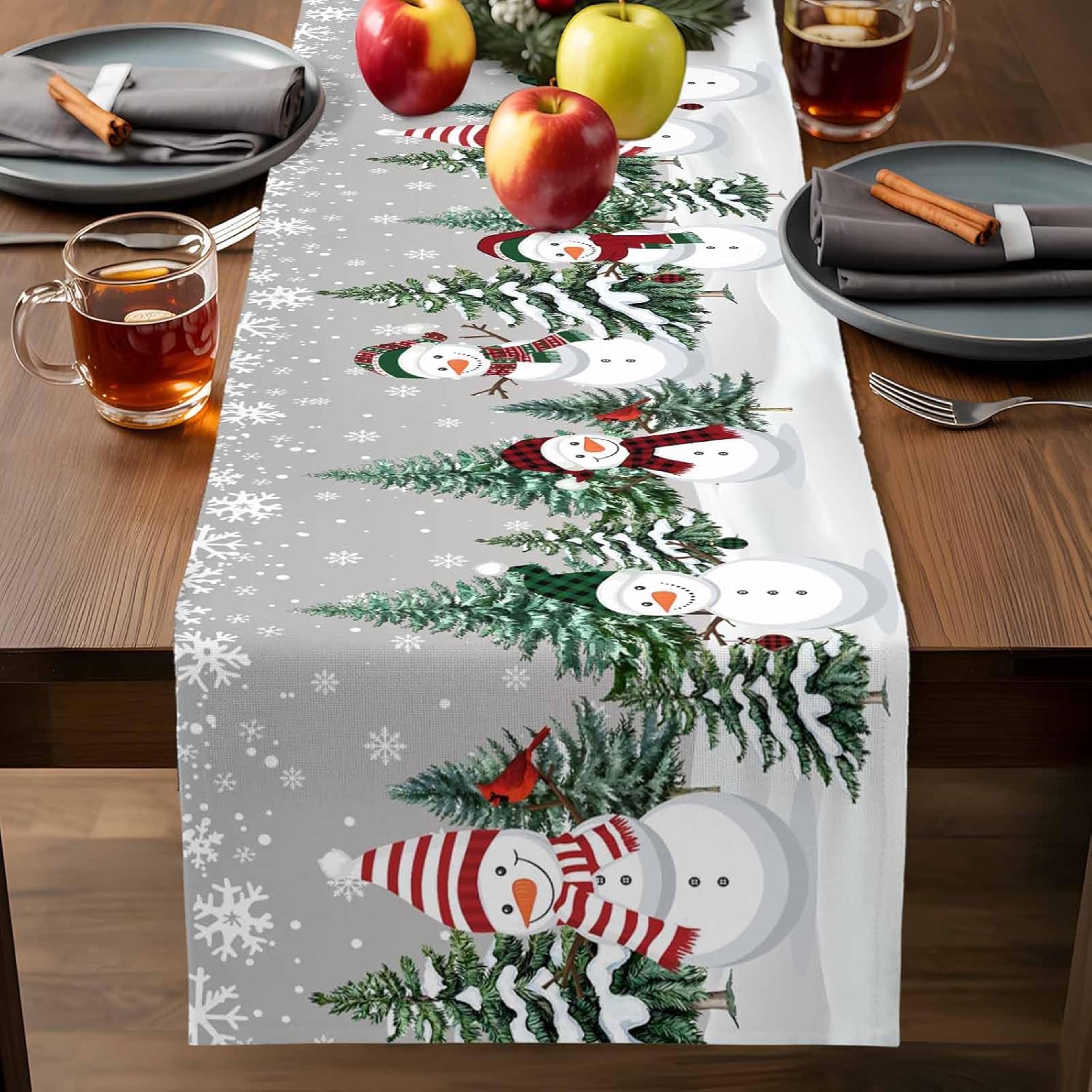 christmas snowman linen table runner for festive winter dining decor