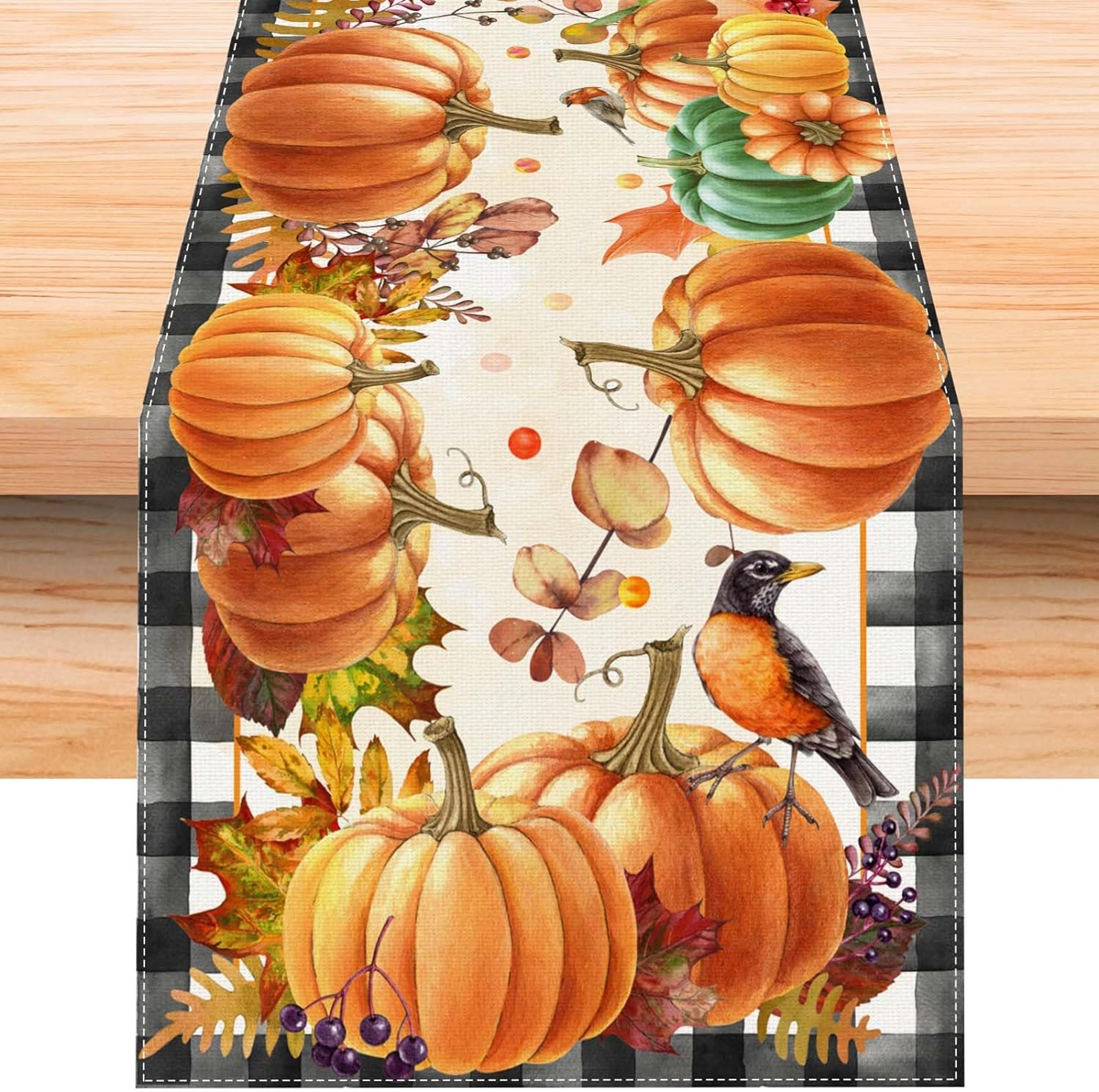 buffalo plaid fall table runner with pumpkin leaves for thanksgiving dining decor