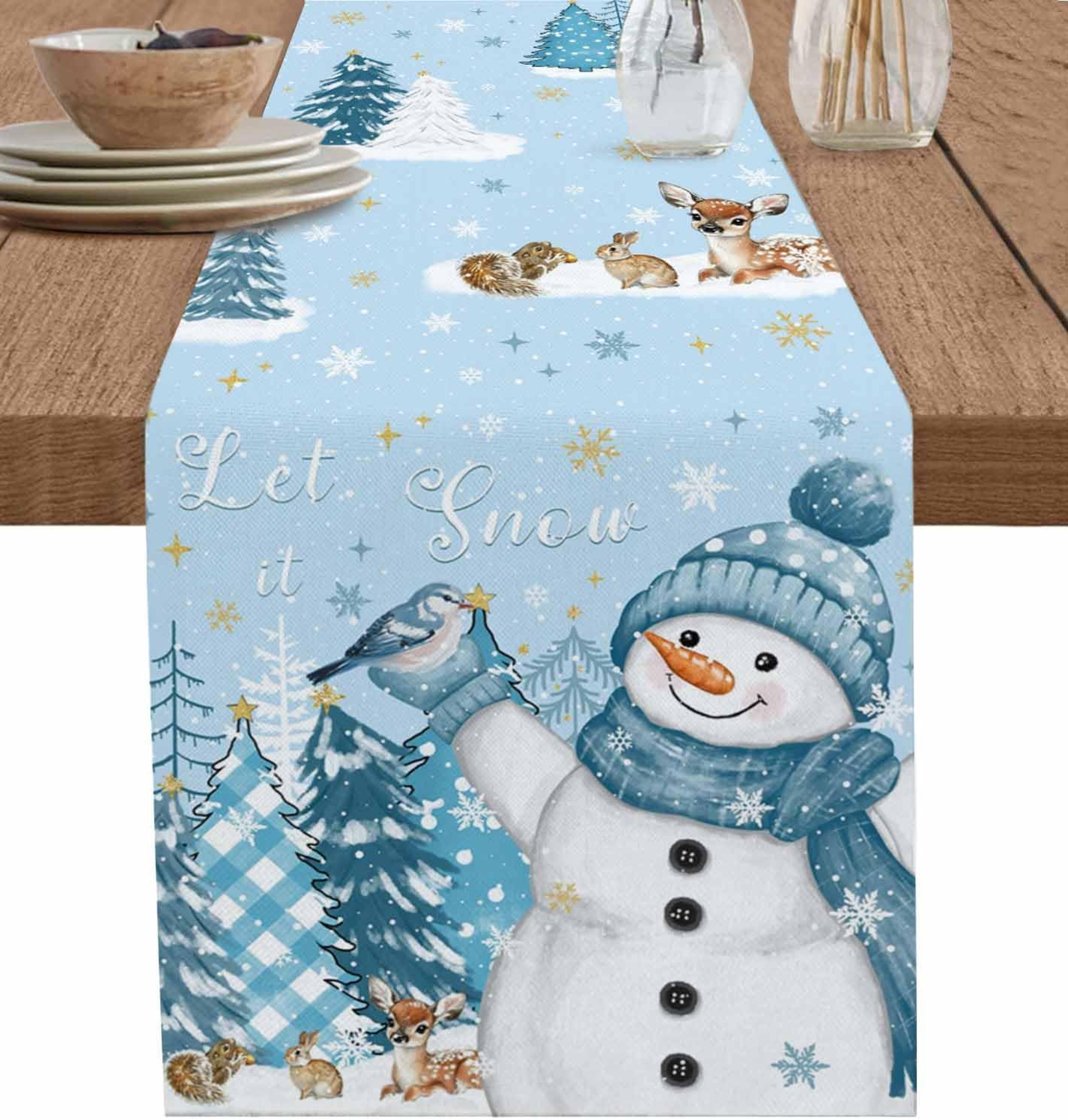 snowman christmas table runner linen winter dining decor