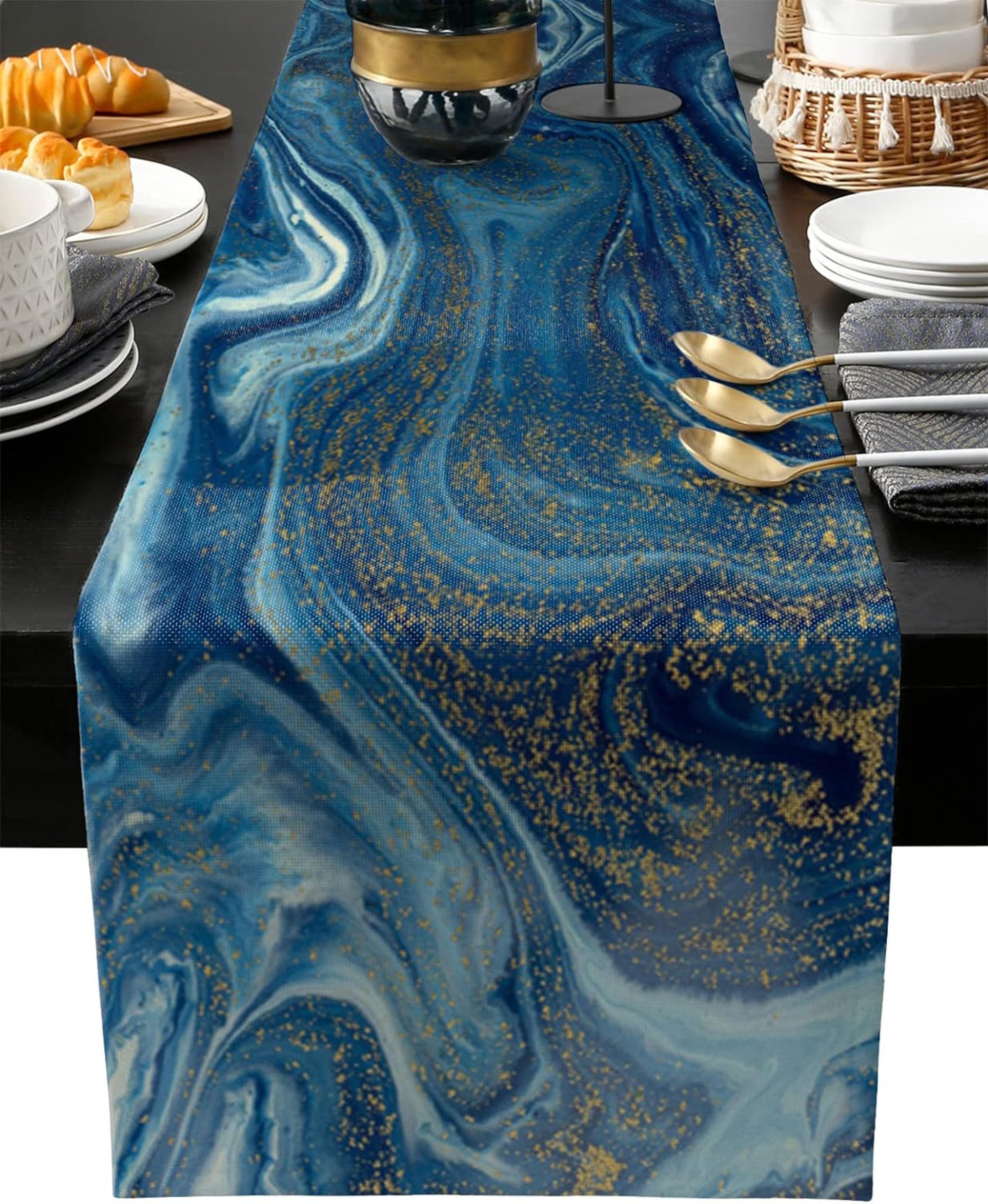 blue gold marble agate linen table runner for dining tables and dressers