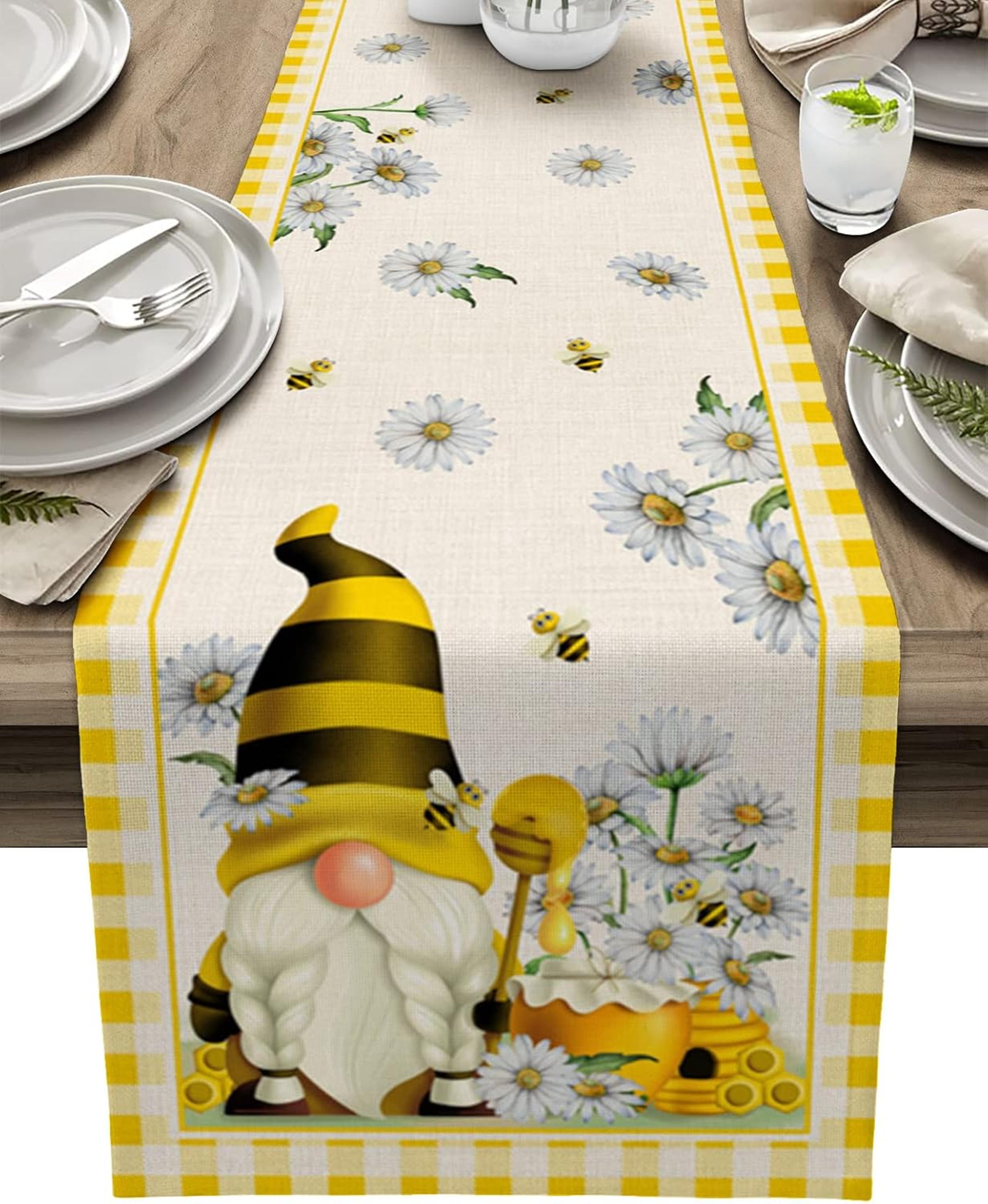 spring bee gnome yellow plaid farmhouse table runner