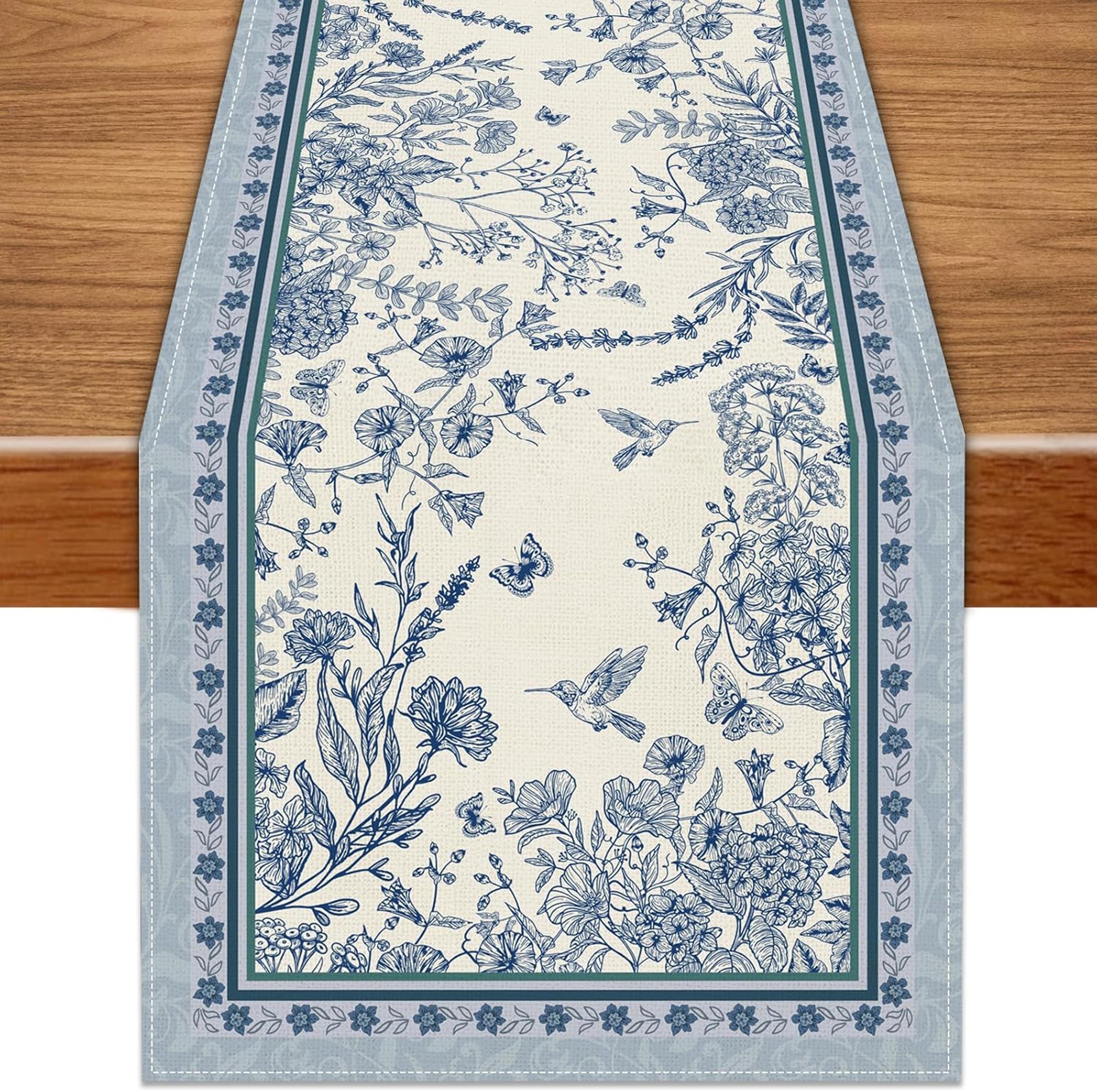 spring bird and floral linen table runner for kitchen dining decor