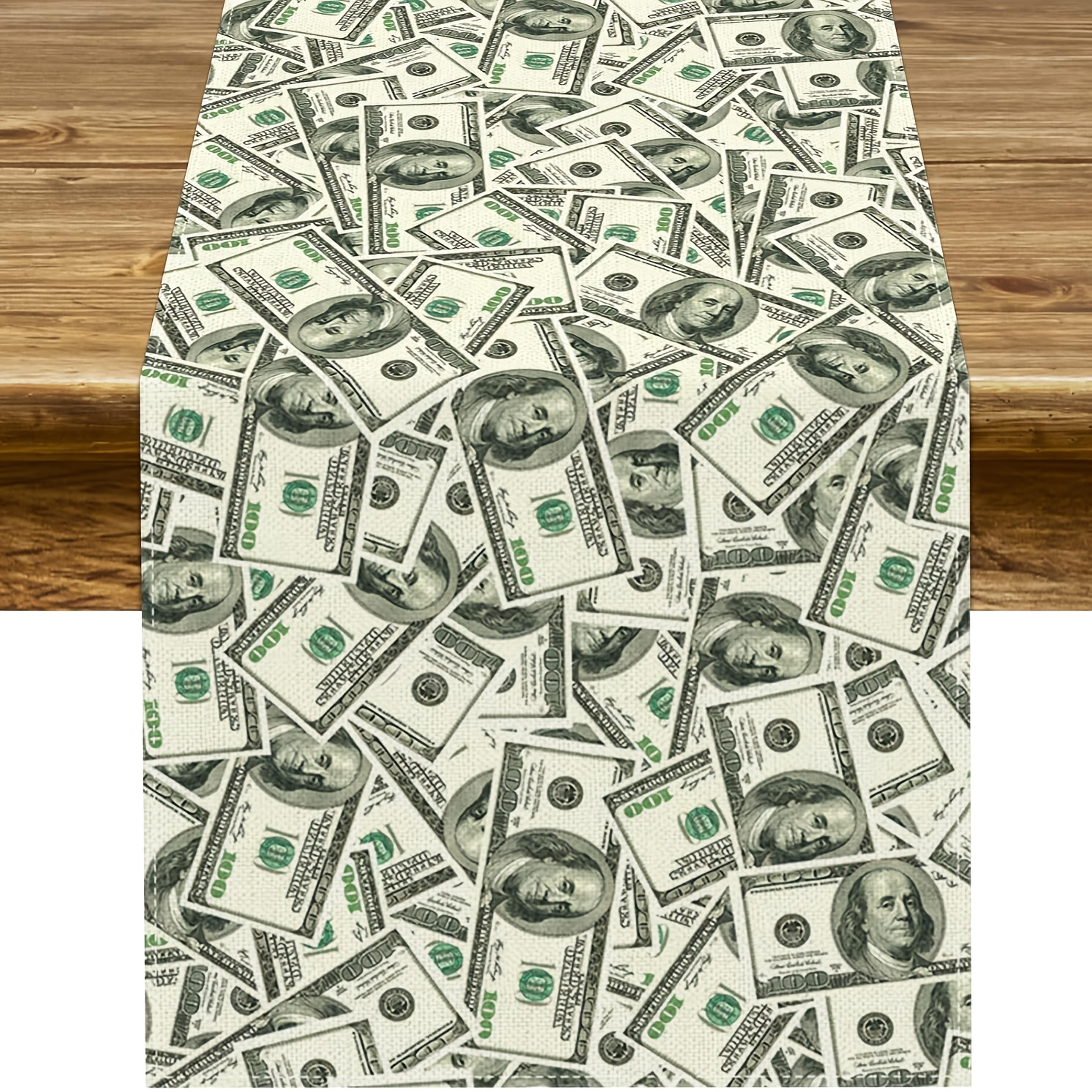 dollar bill linen table runner for casino parties and money themed decor
