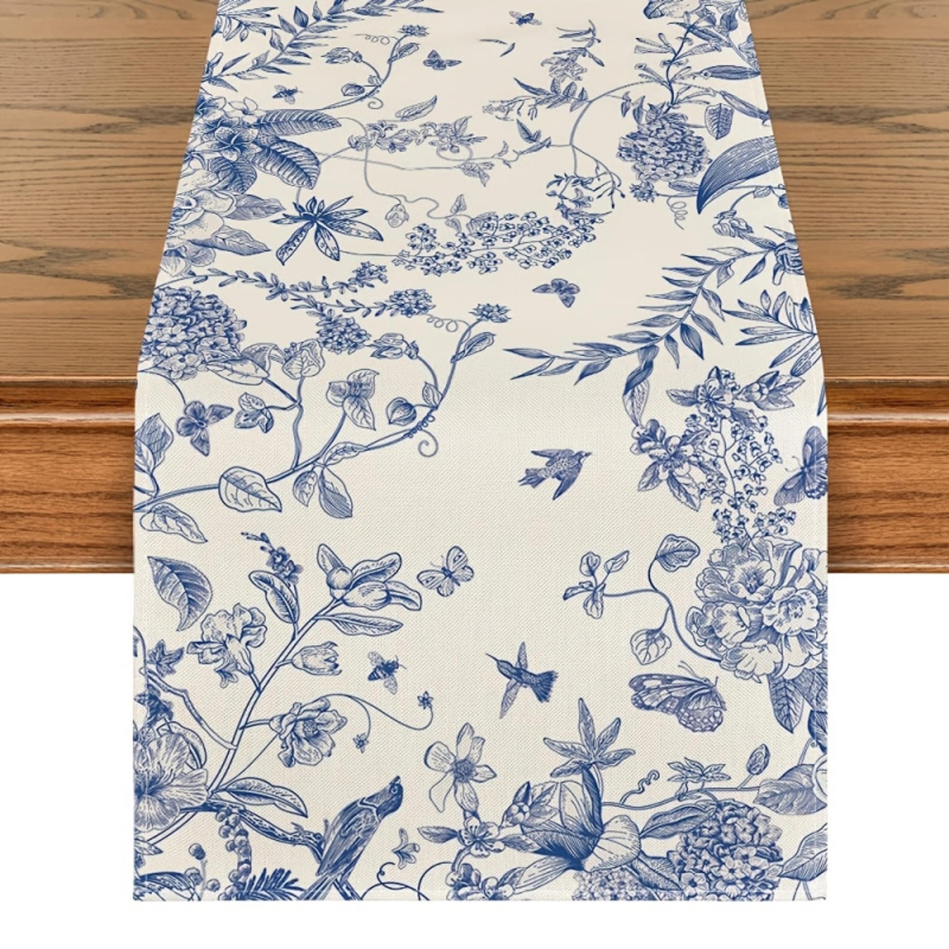 blue white chinoiserie table runner waterproof floral bird farmhouse decor