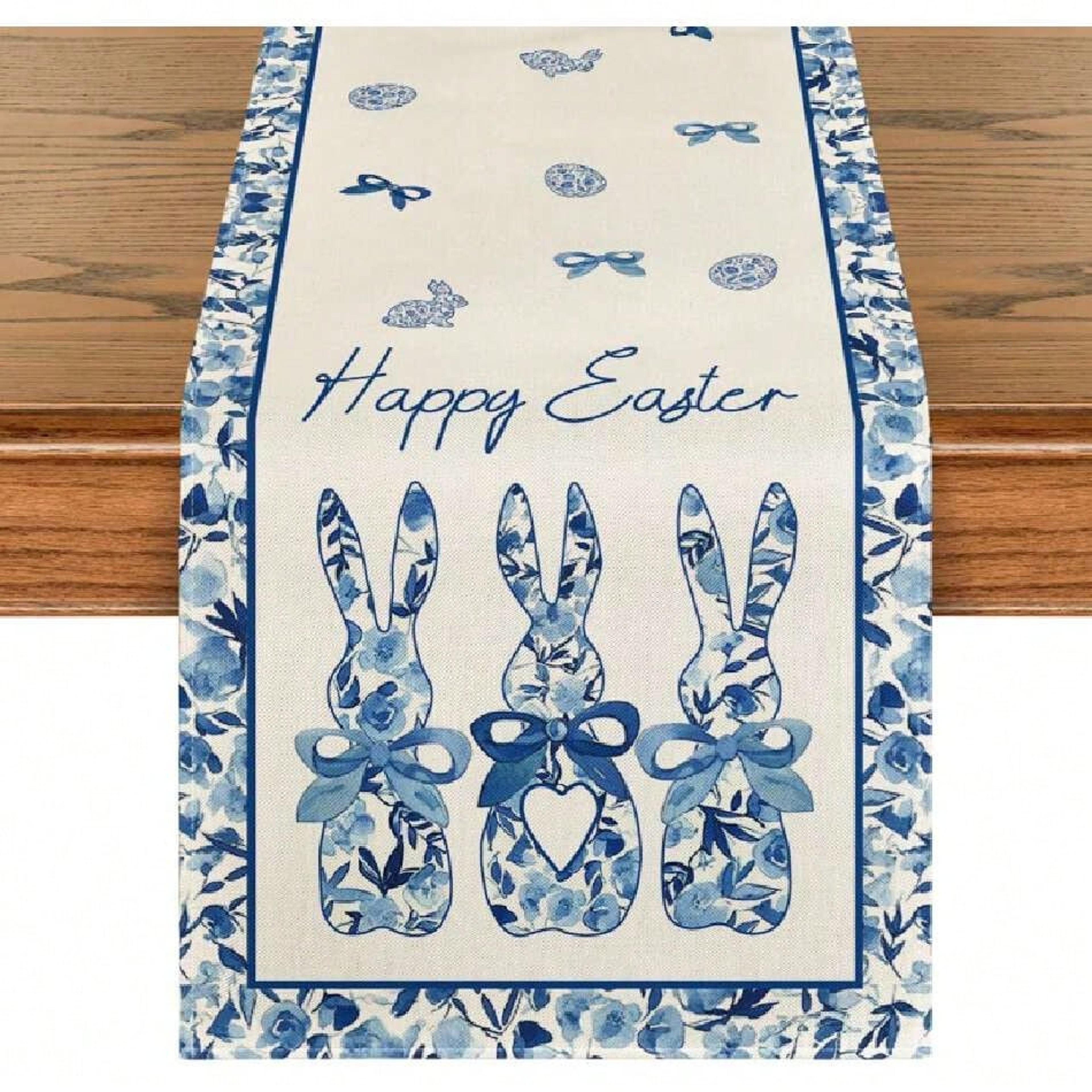 easter table runner blue floral bunny linen spring table decor