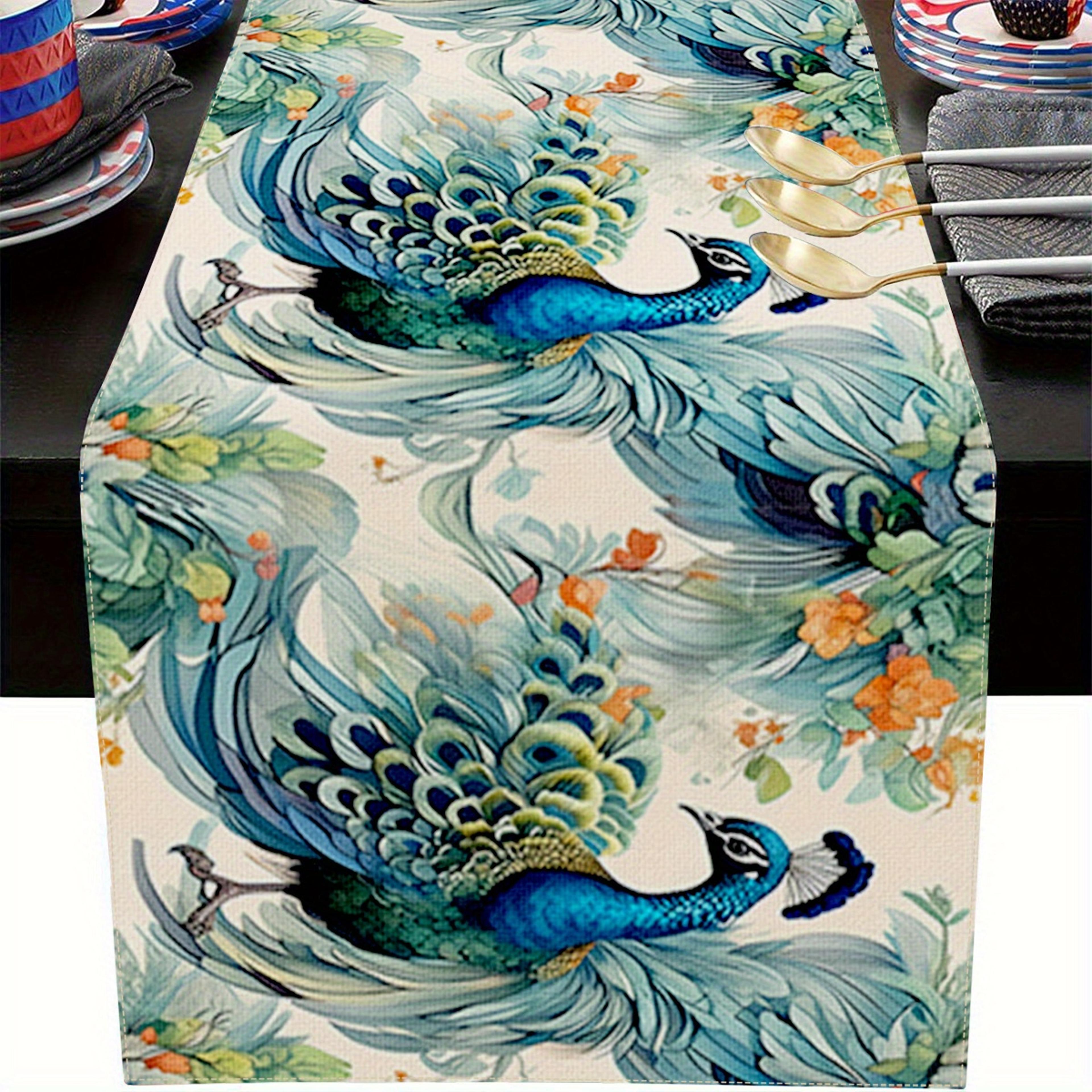 peacock ink art linen table runner for elegant chinese dining decor