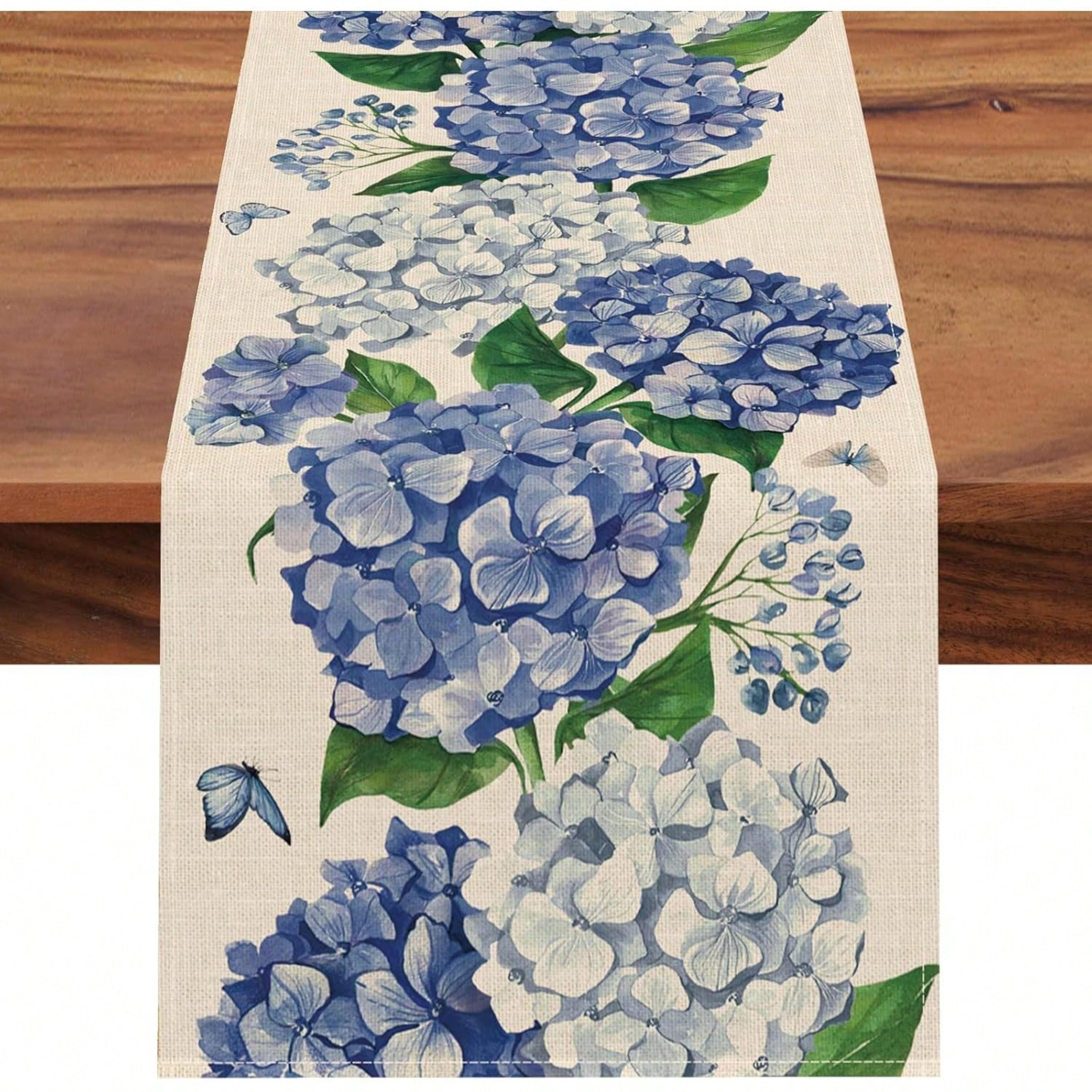 spring hydrangea floral table runner for kitchen dining decor