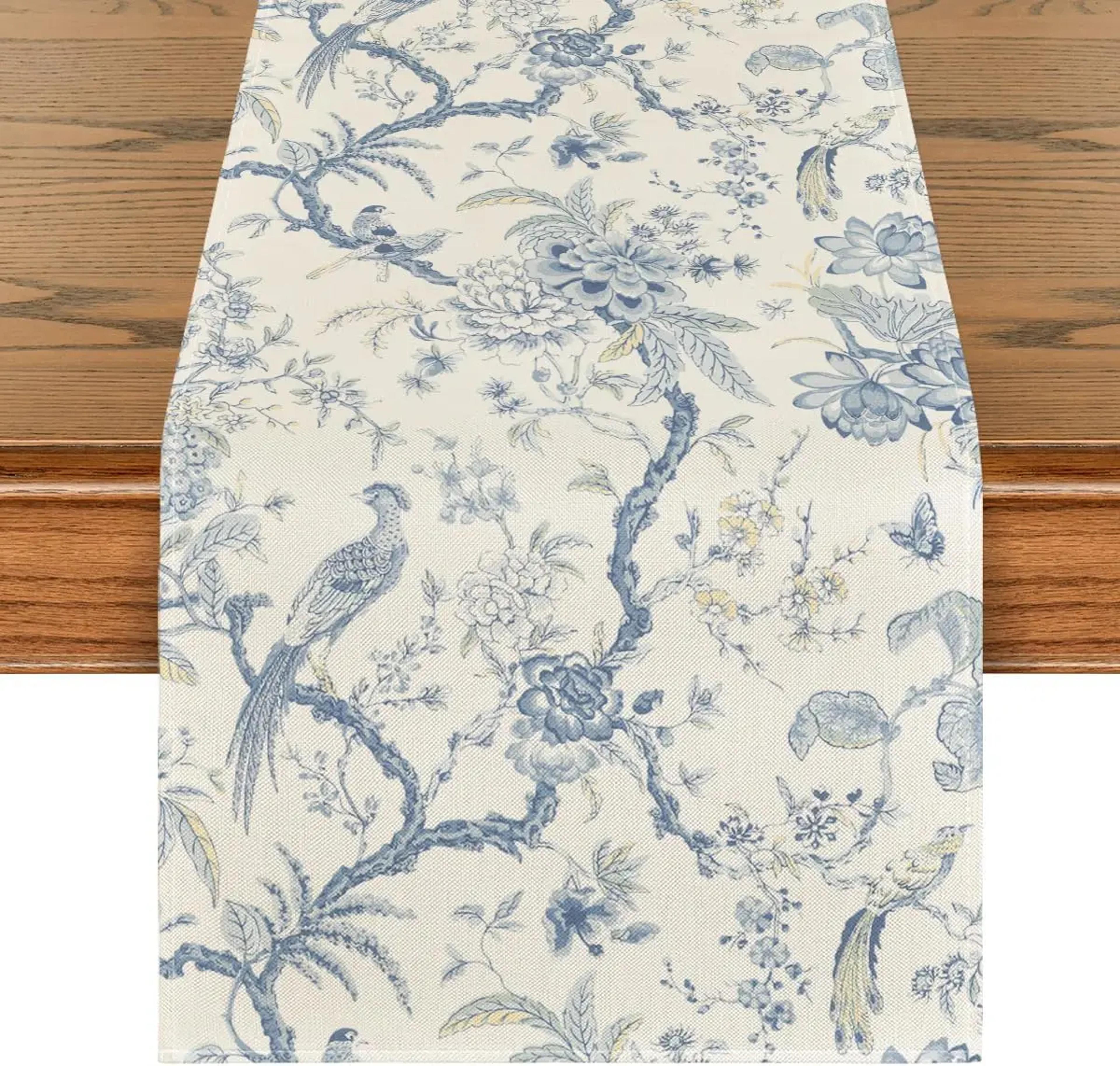 blue chinoiserie table runner with elegant bird print for dining decor