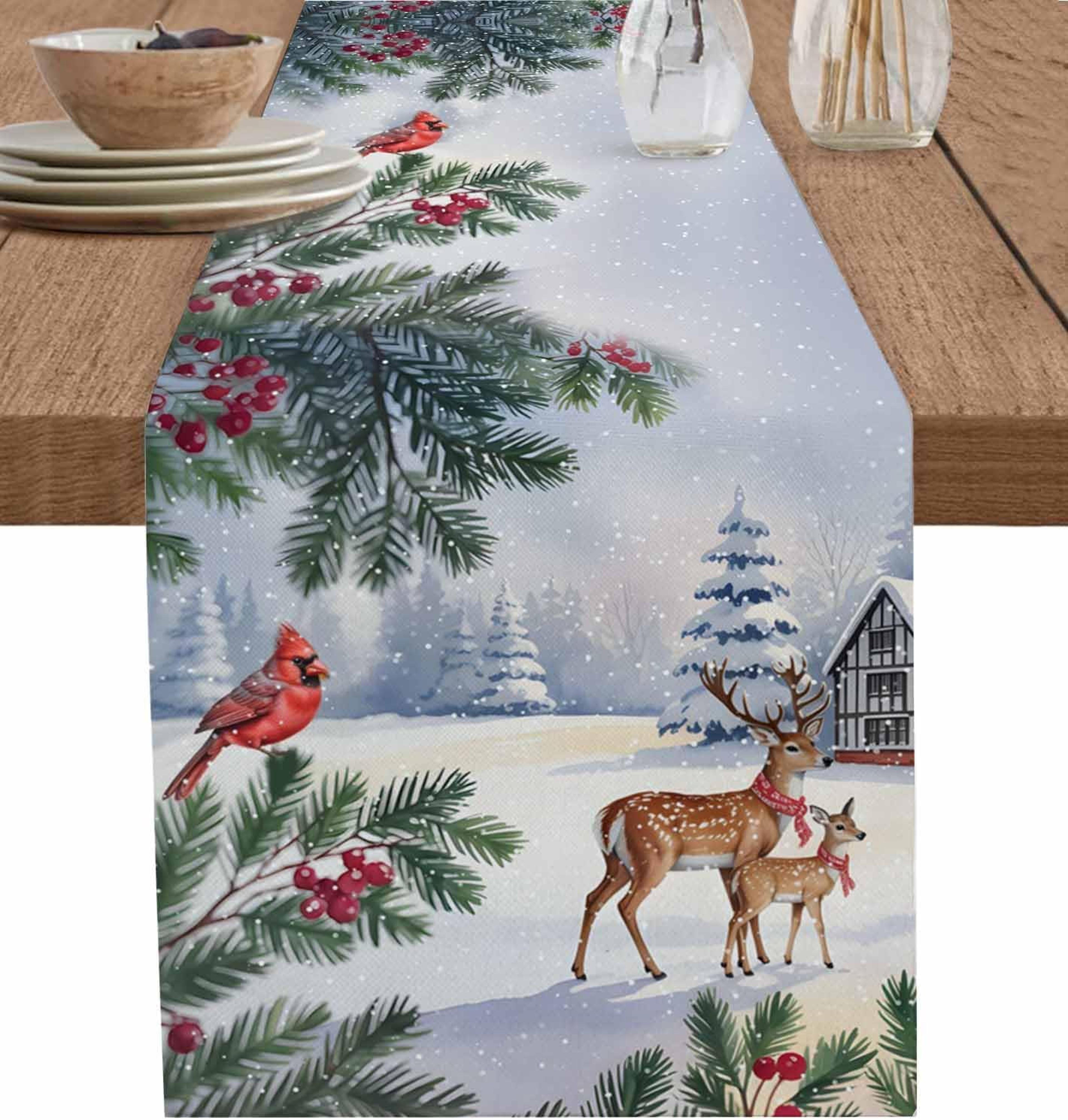 christmas reindeer table runner with birds berries and snowflakes