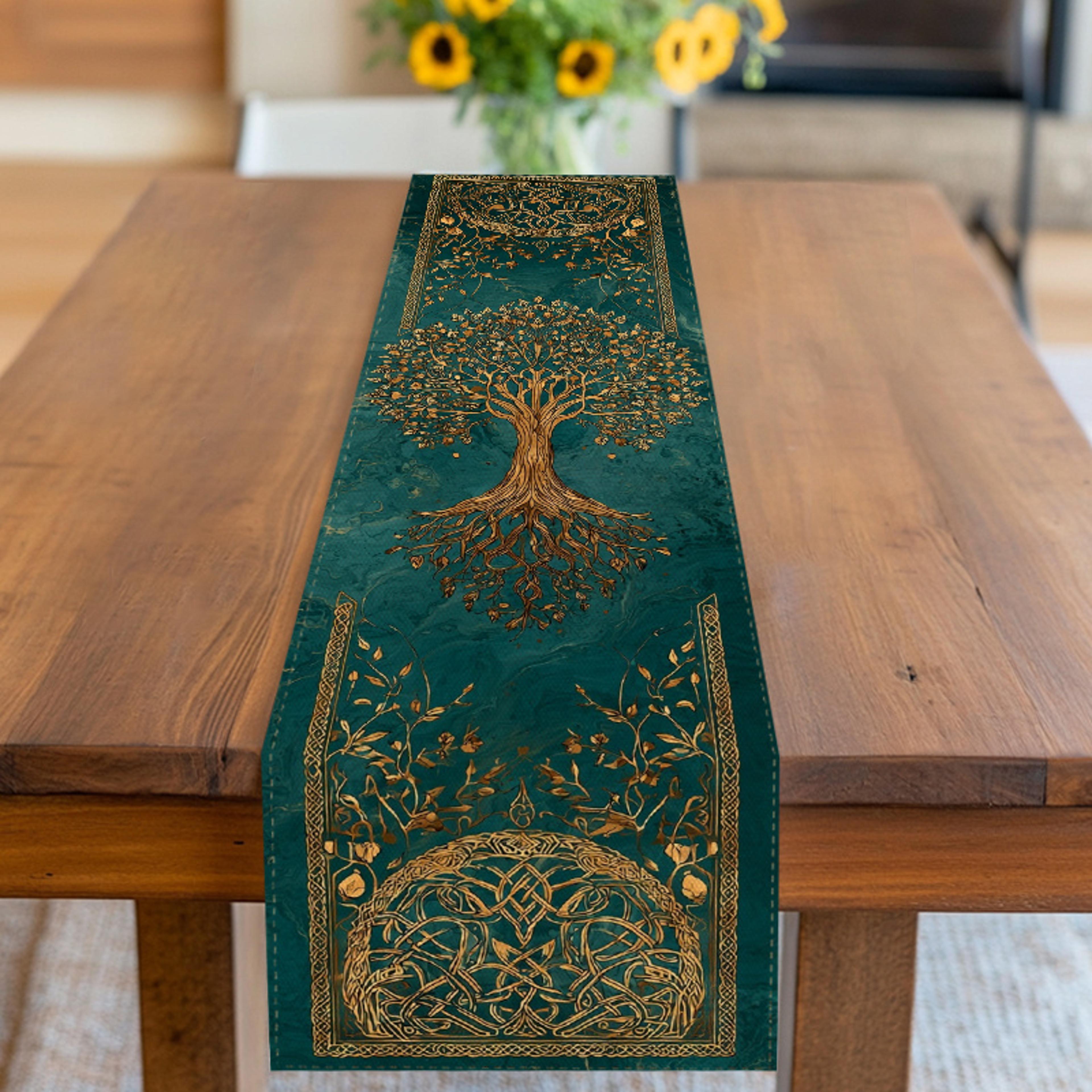 tree of life celtic table runner green gold nordic dining decor