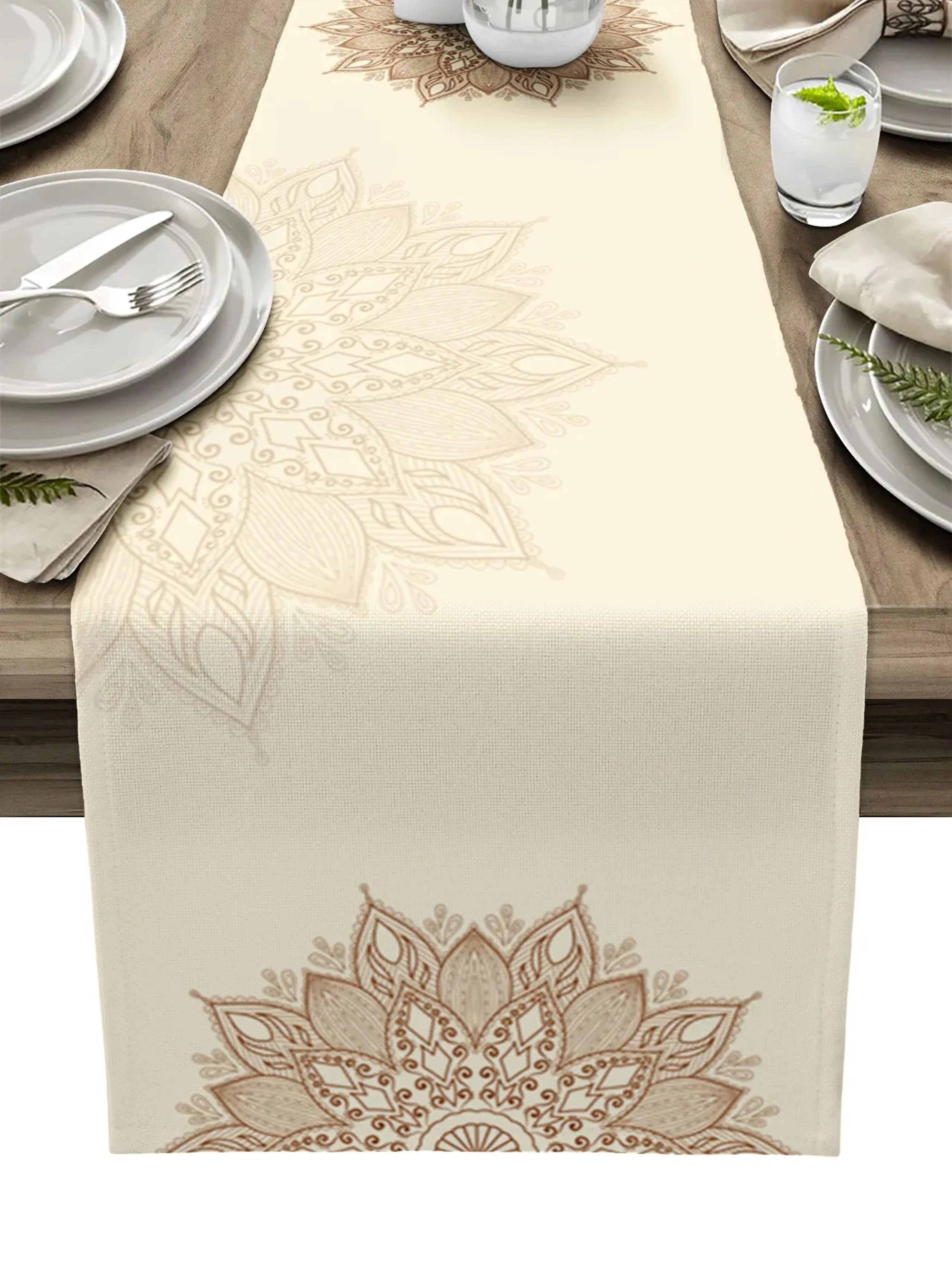 boho table runner with mandala floral linen design for dining tables and dressers