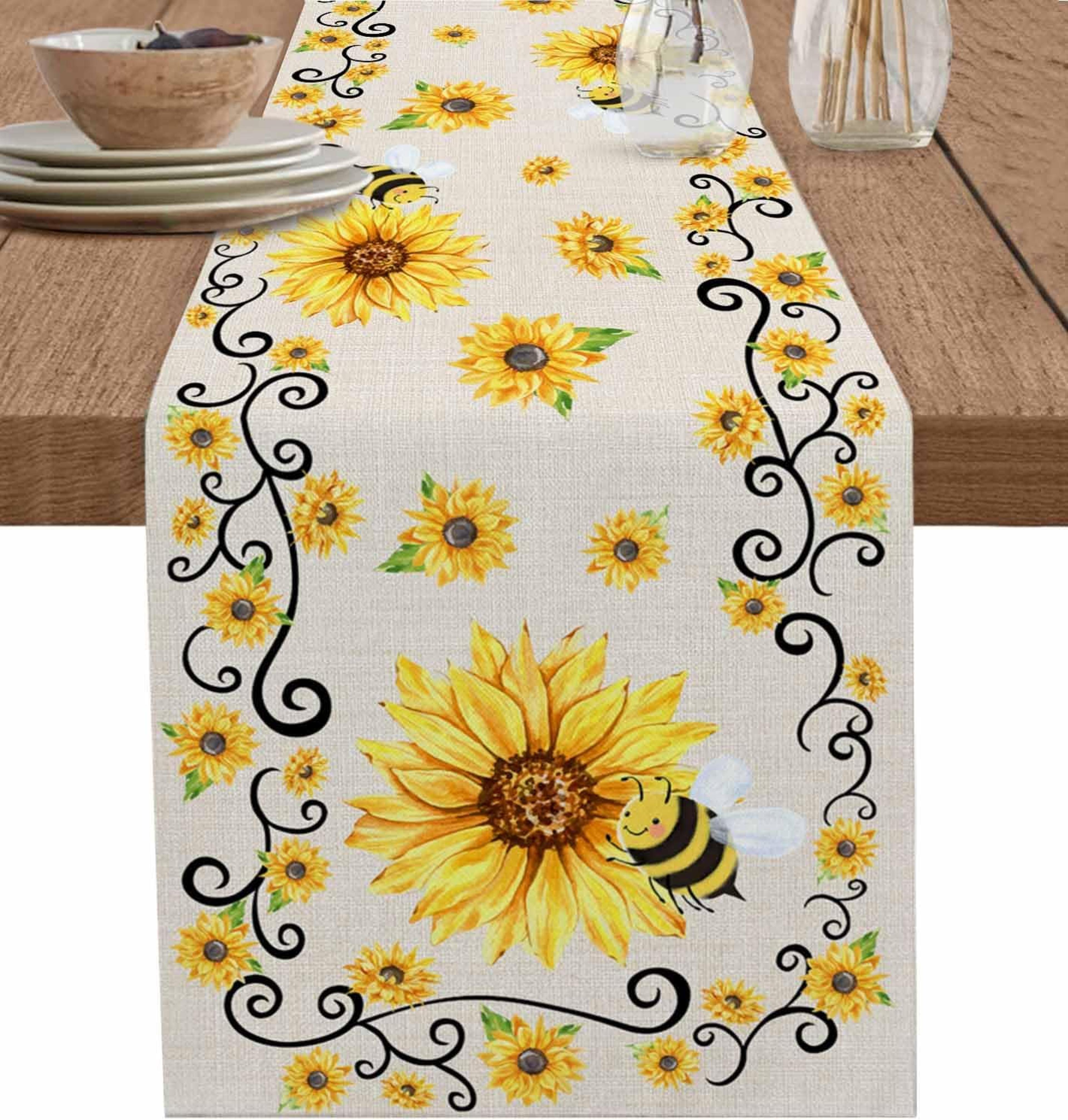 sunflower bee linen table runner for farmhouse summer table decor