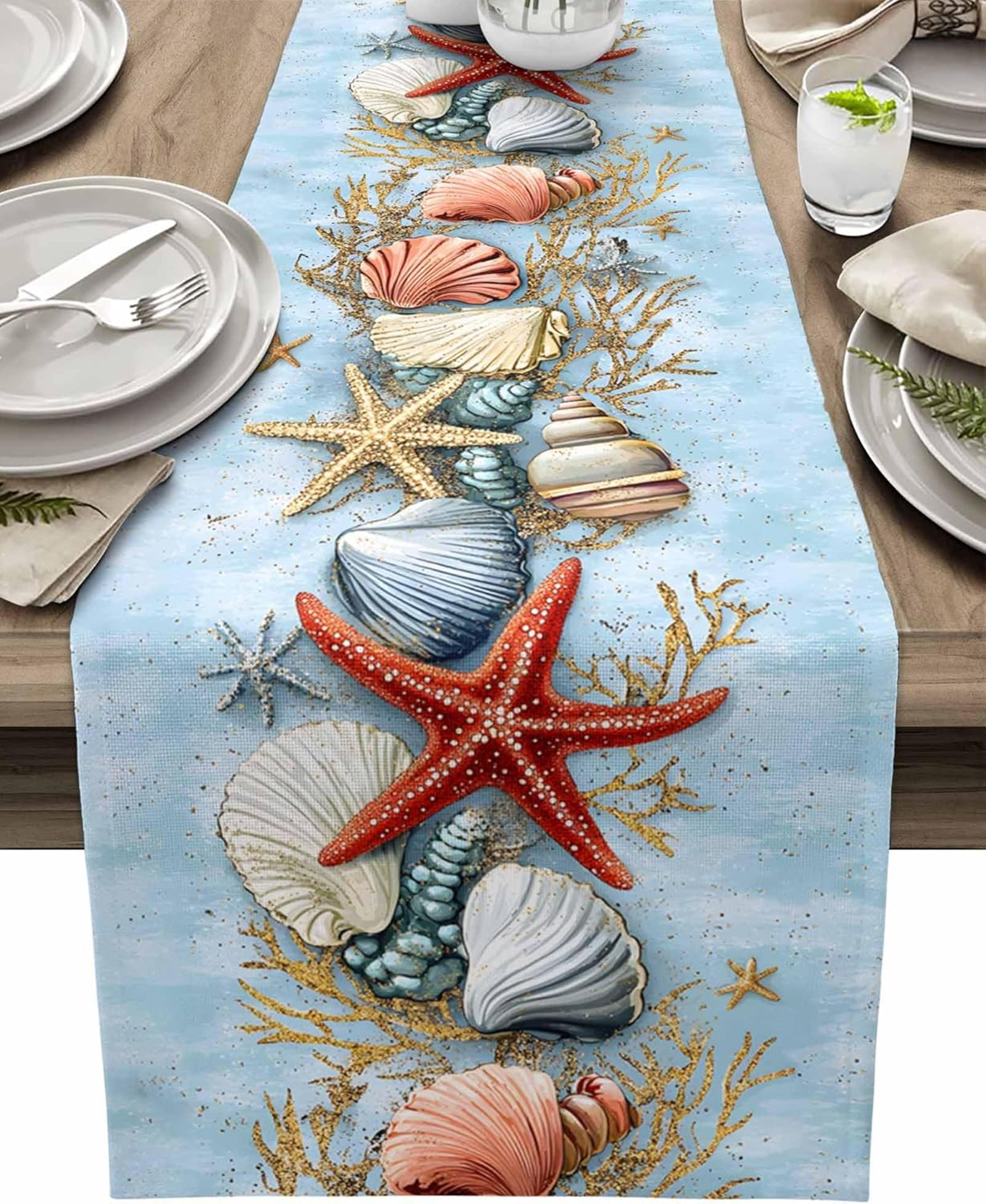 coastal table runner with seashell starfish print for beach dining decor