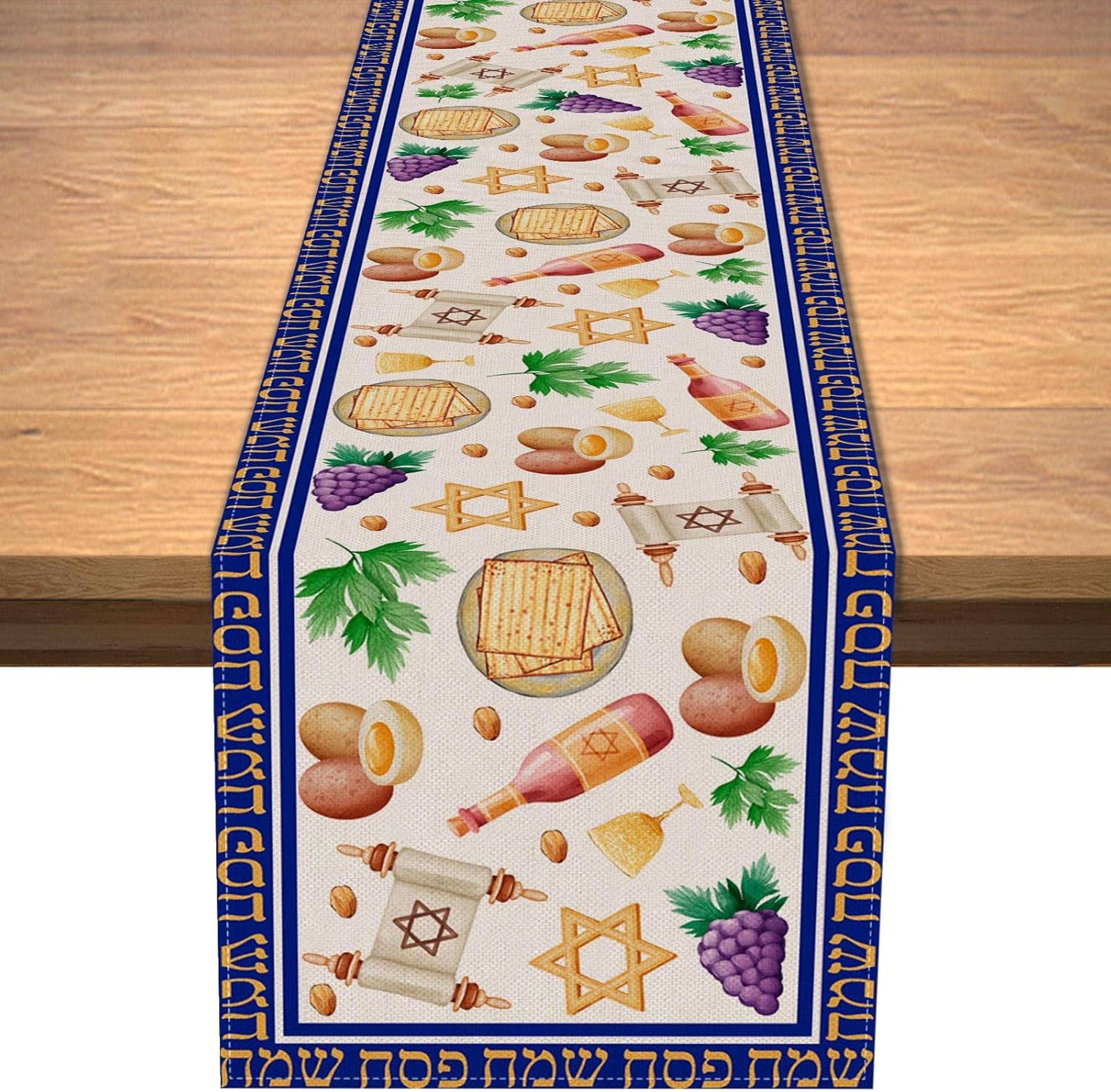 passover table runner with matzo and red wine pesach seder decor
