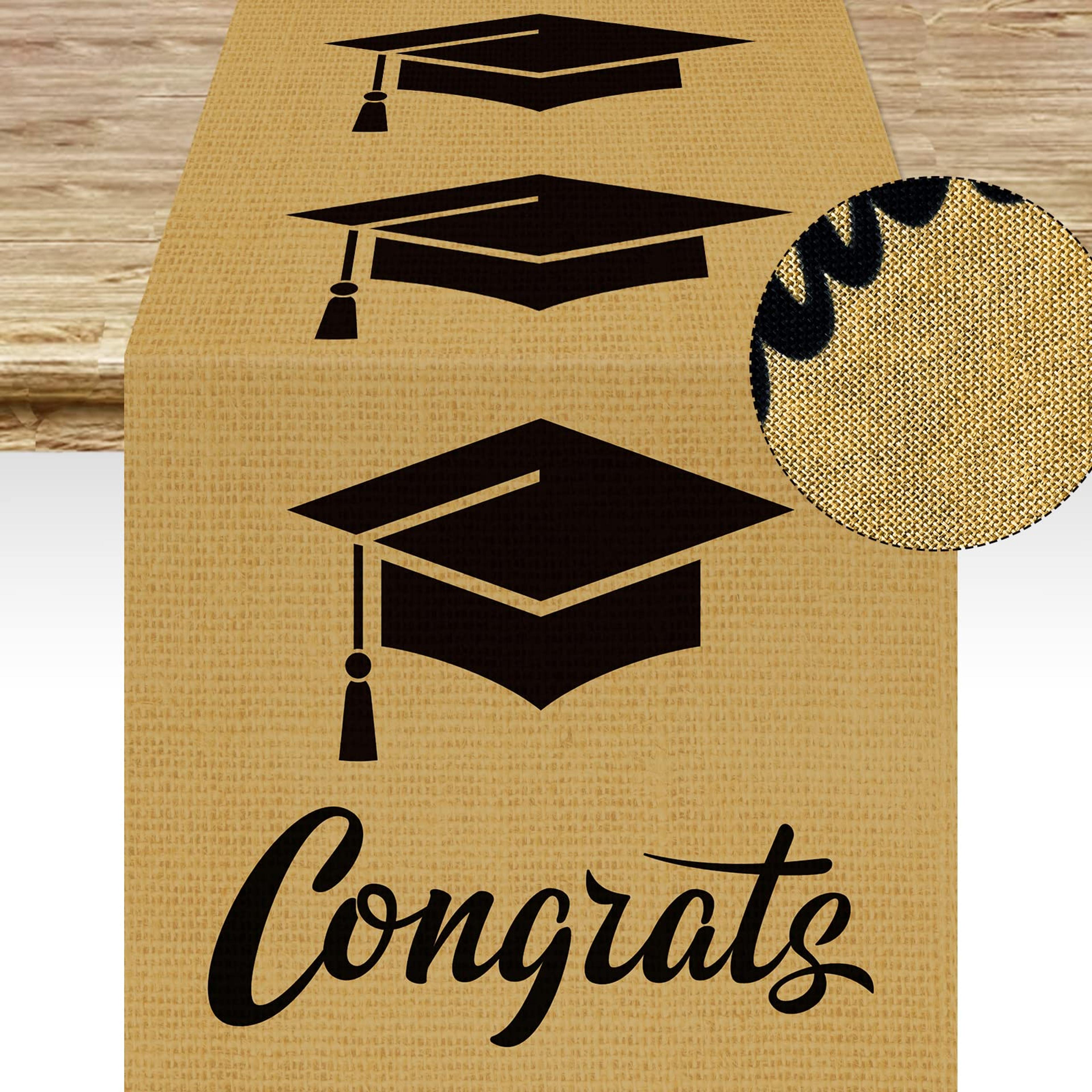 rustic graduation table runner with grad cap pattern for party tables