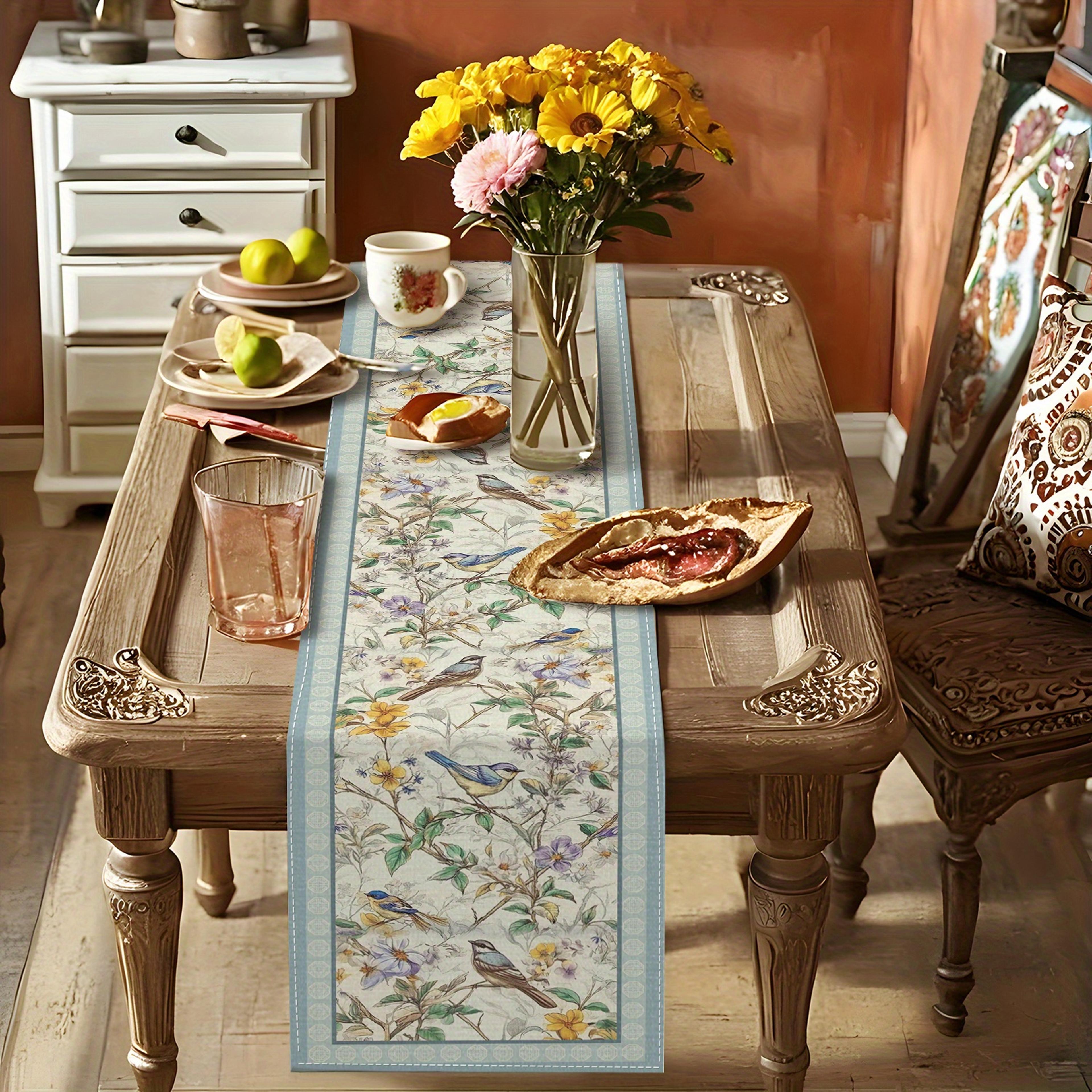 spring floral bird table runner for kitchen and party decor