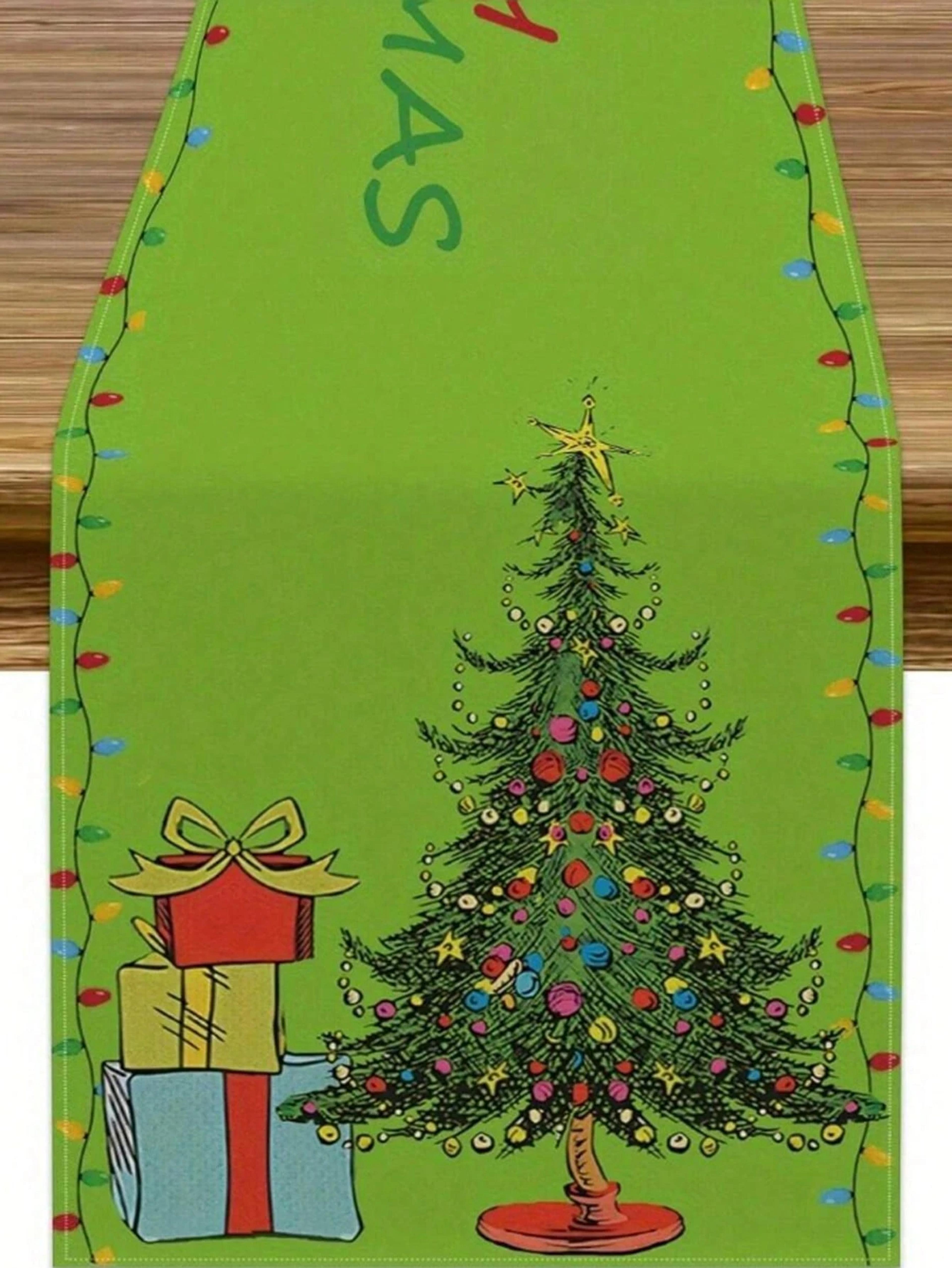 grinch style christmas table runner for whimsical holiday dining decor
