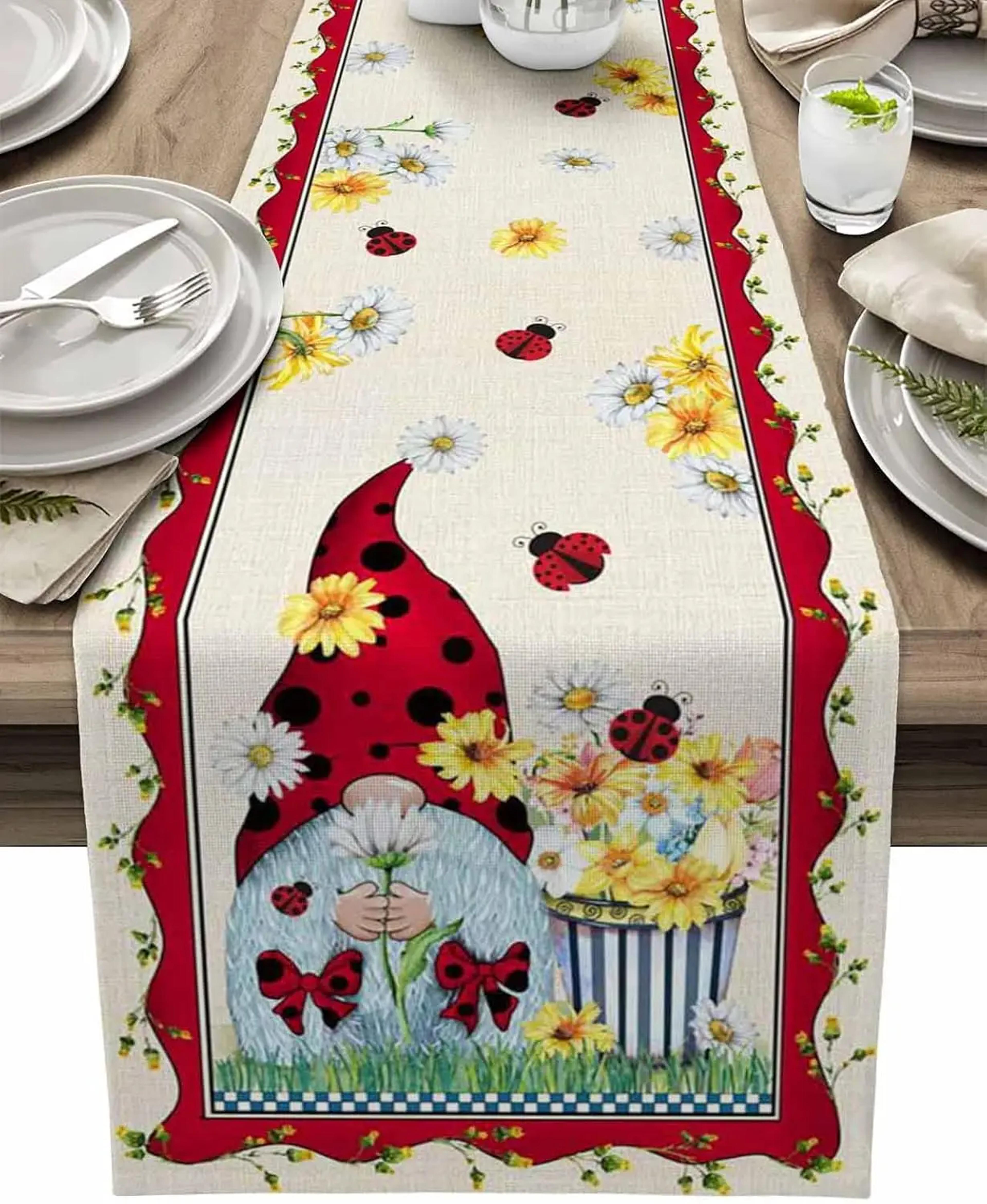 spring gnome ladybug linen table runner for farmhouse kitchen decor