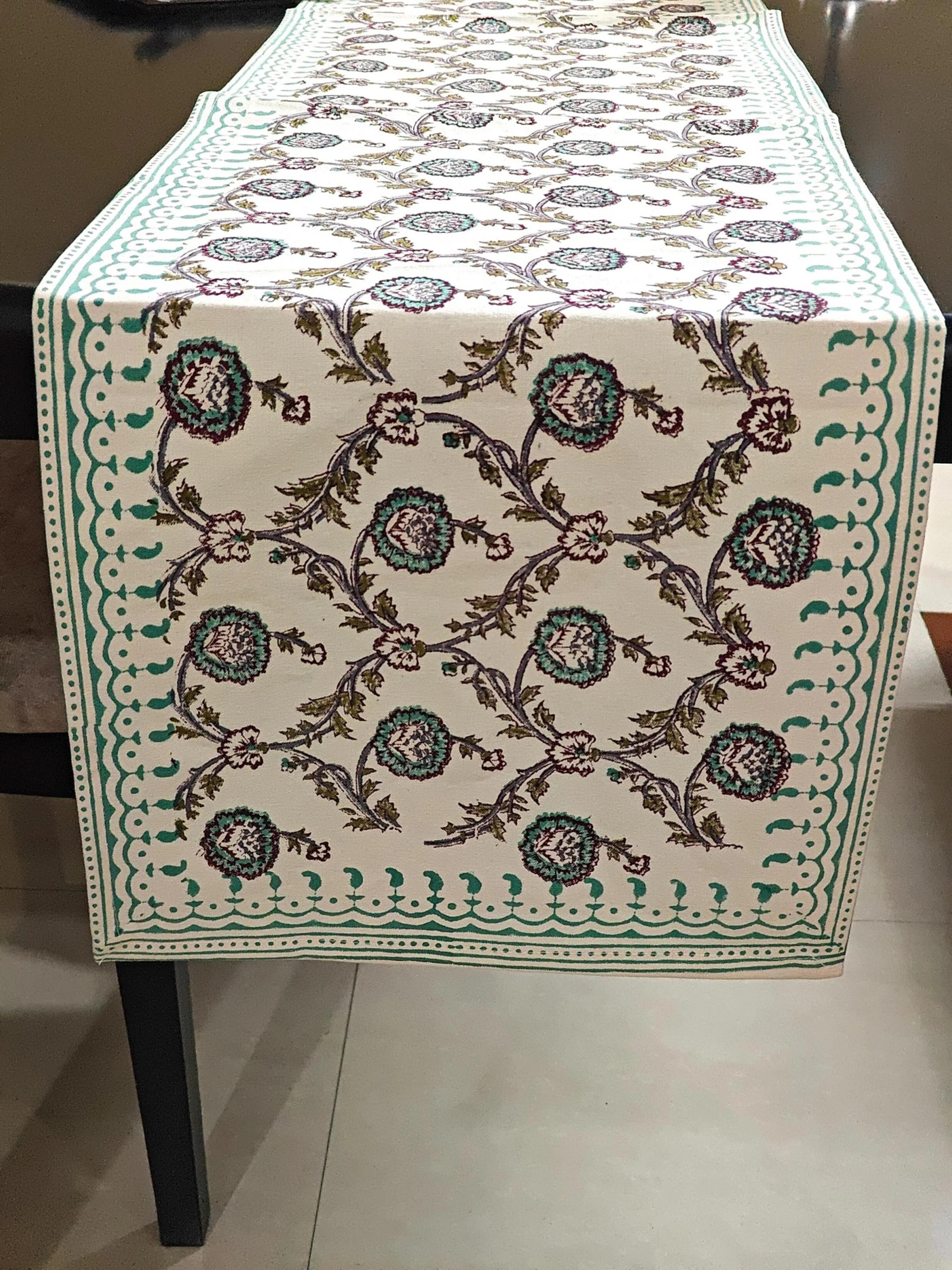 floral hand block printed table runner for dining table fireplace mantle decor
