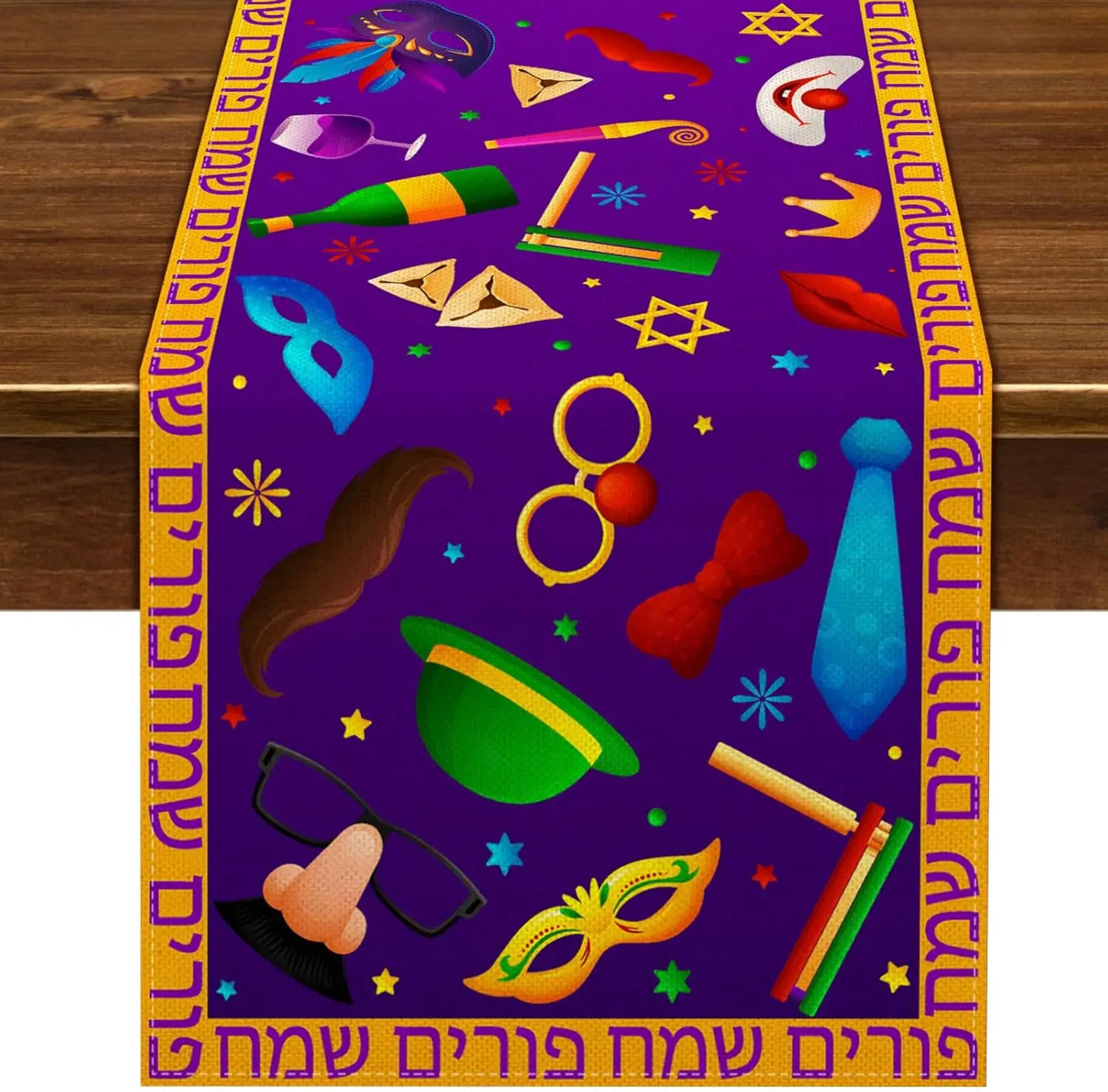 happy purim linen table runner for jewish holiday table decor