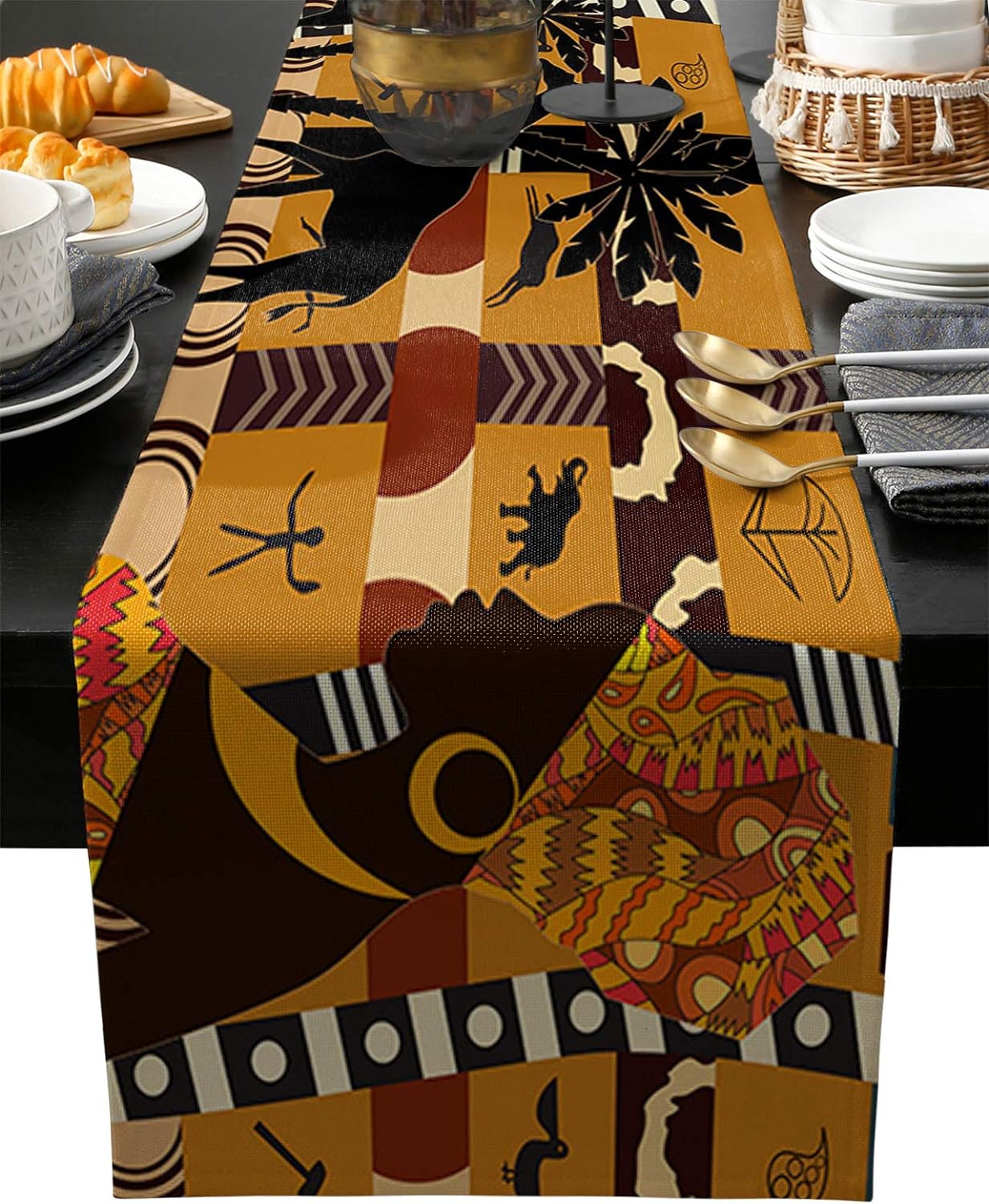 woman linen table runner with elephant and giraffe dining decor