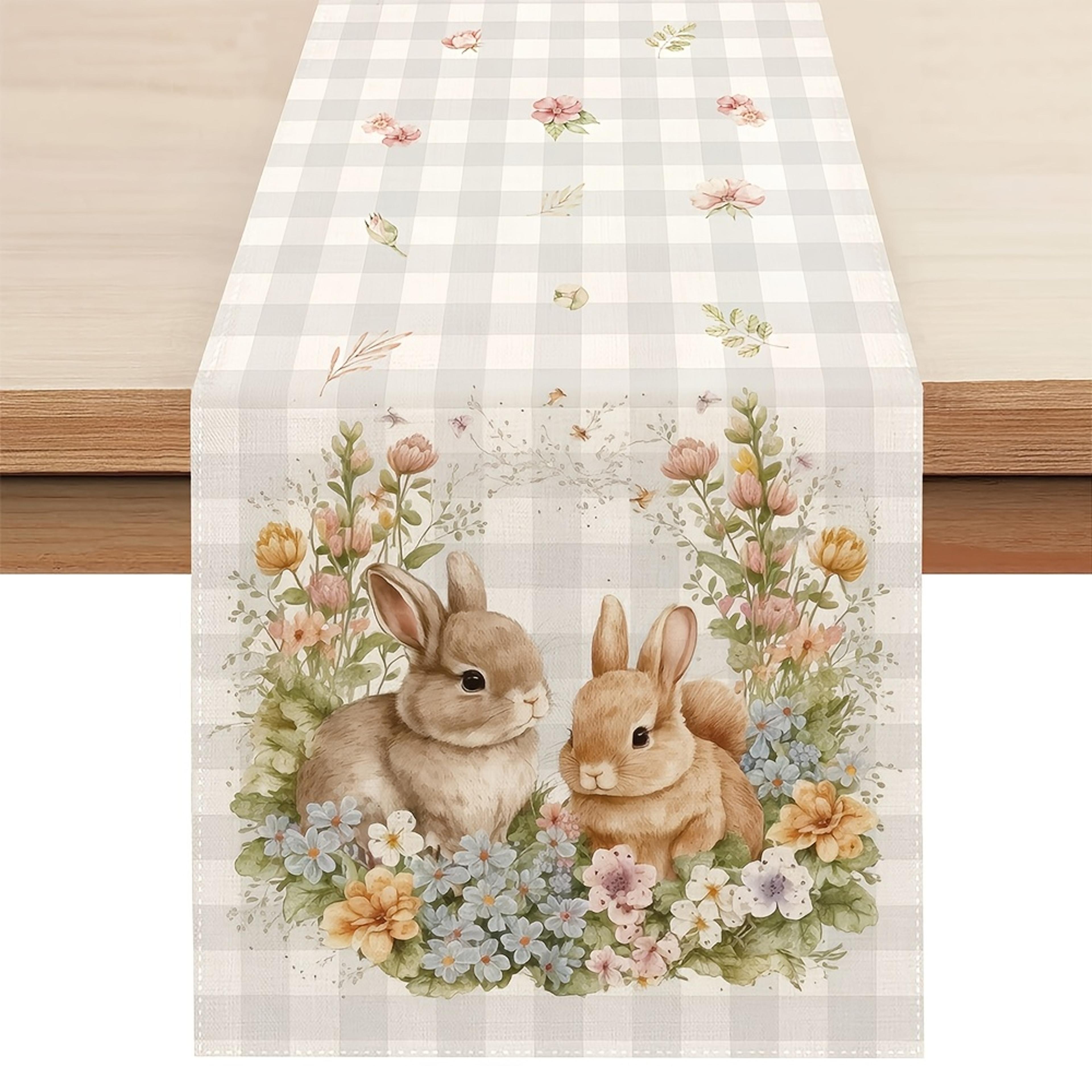 easter table runner with bunny flowers and buffalo plaid spring decor
